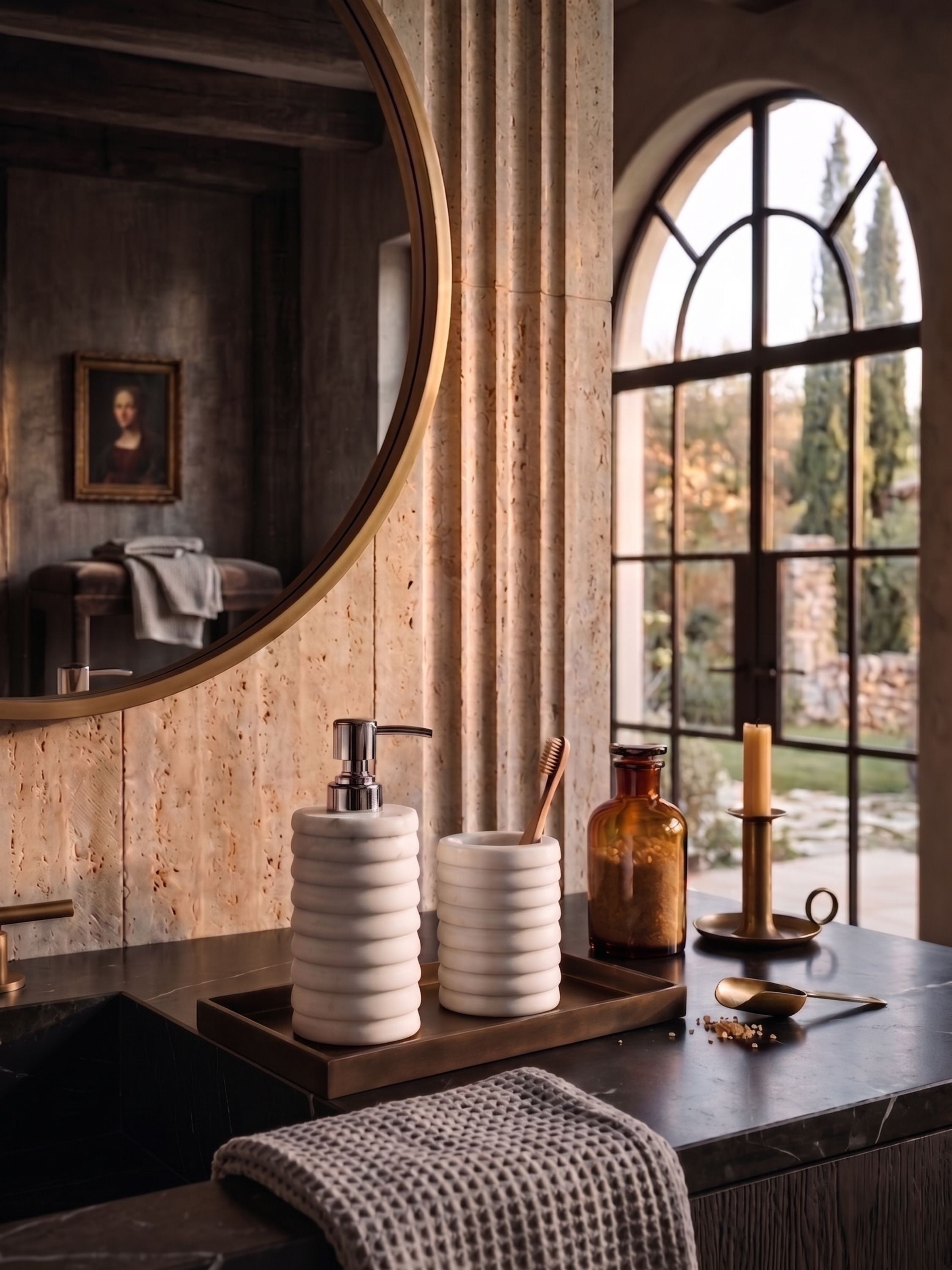 White marble ribbed bath accessories set with soap dispenser and tumbler, placed on a vanity tray beside a sink in a warm, softly lit bathroom setting