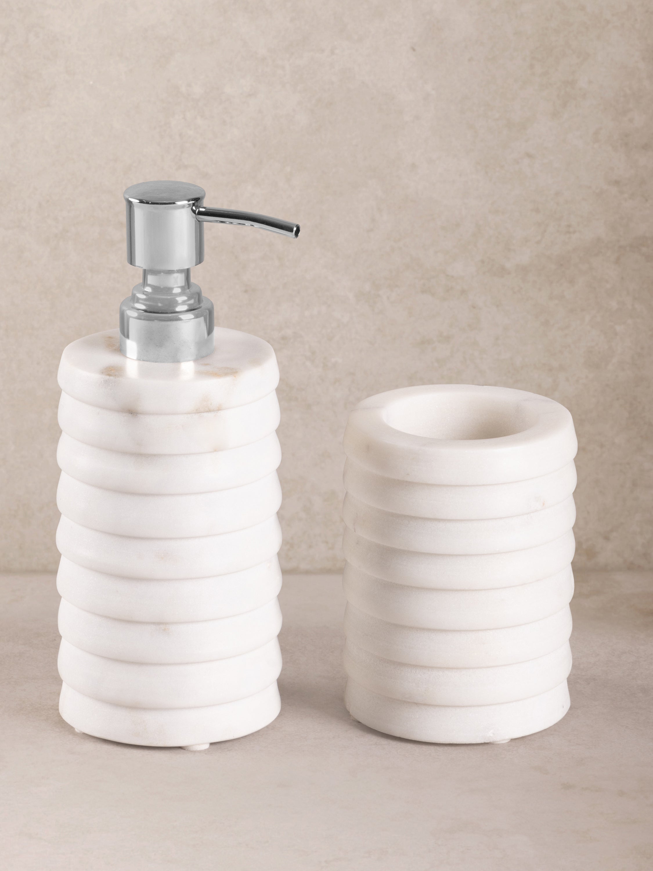 Elegant marble lotion dispenser and tumbler set for bathroom decor