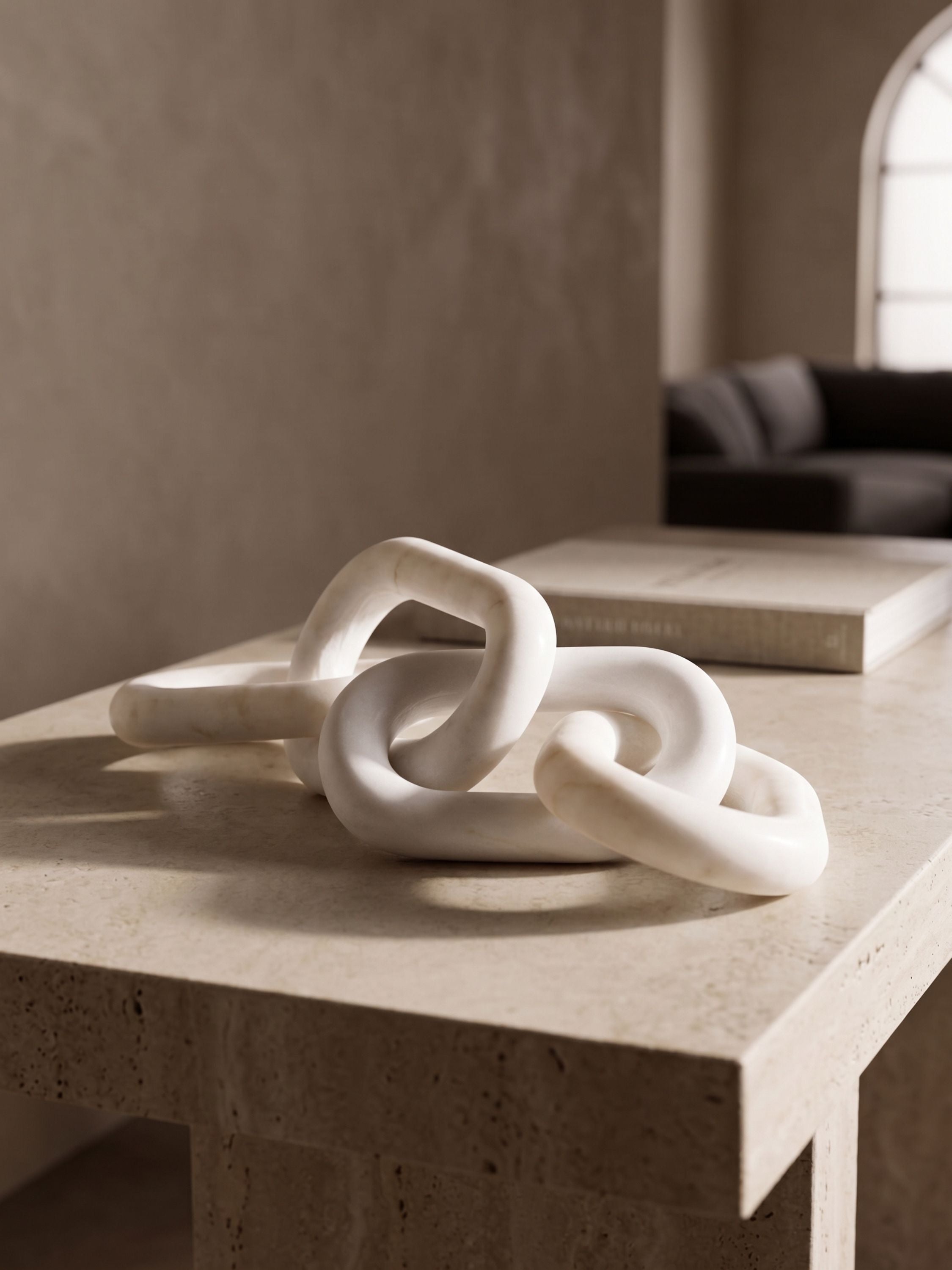 Close-up of white marble chain link sculpture highlighting smooth curved form and interlocking design