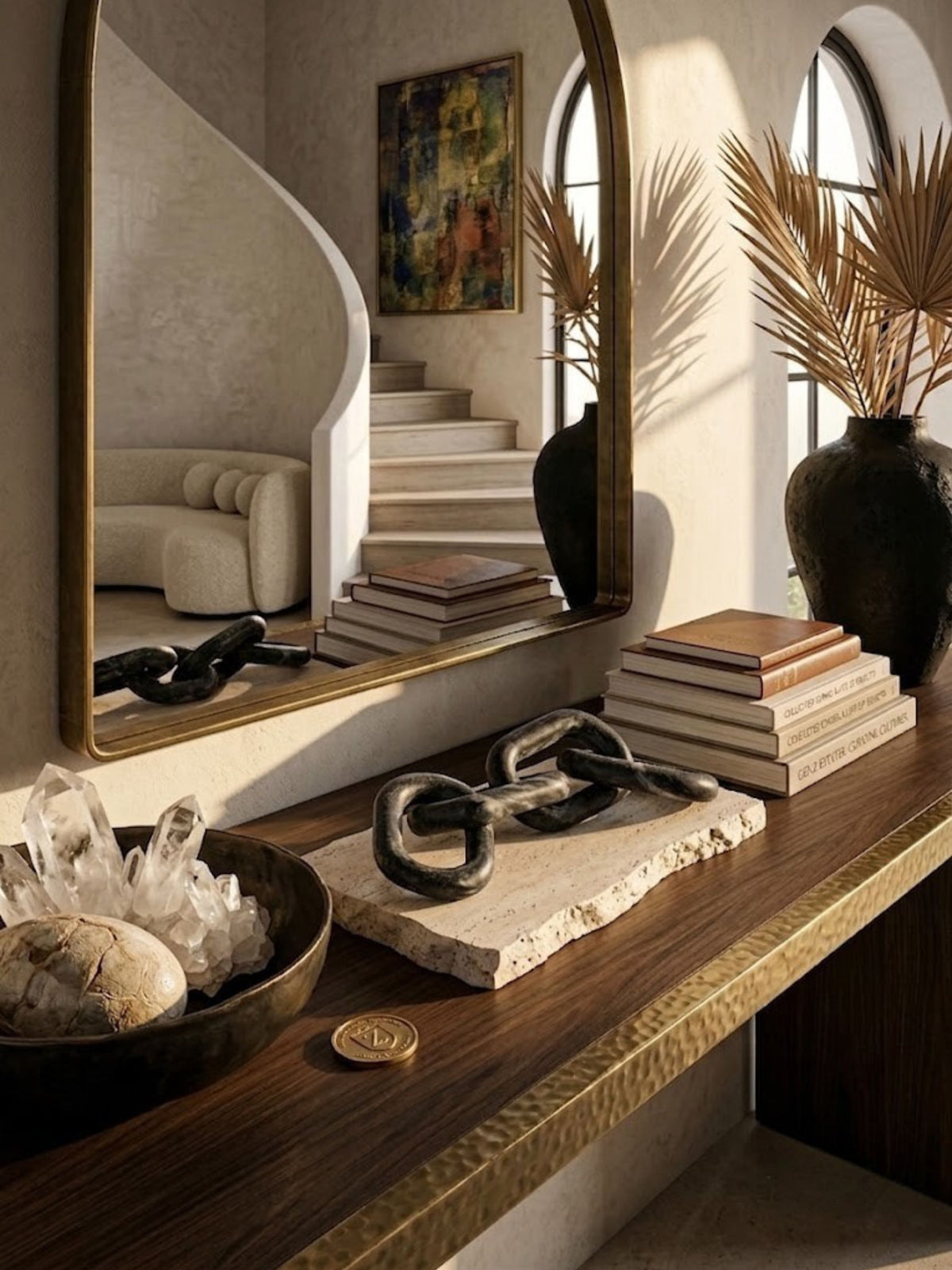 Black marble chain-link sculpture styled on an entryway console table.