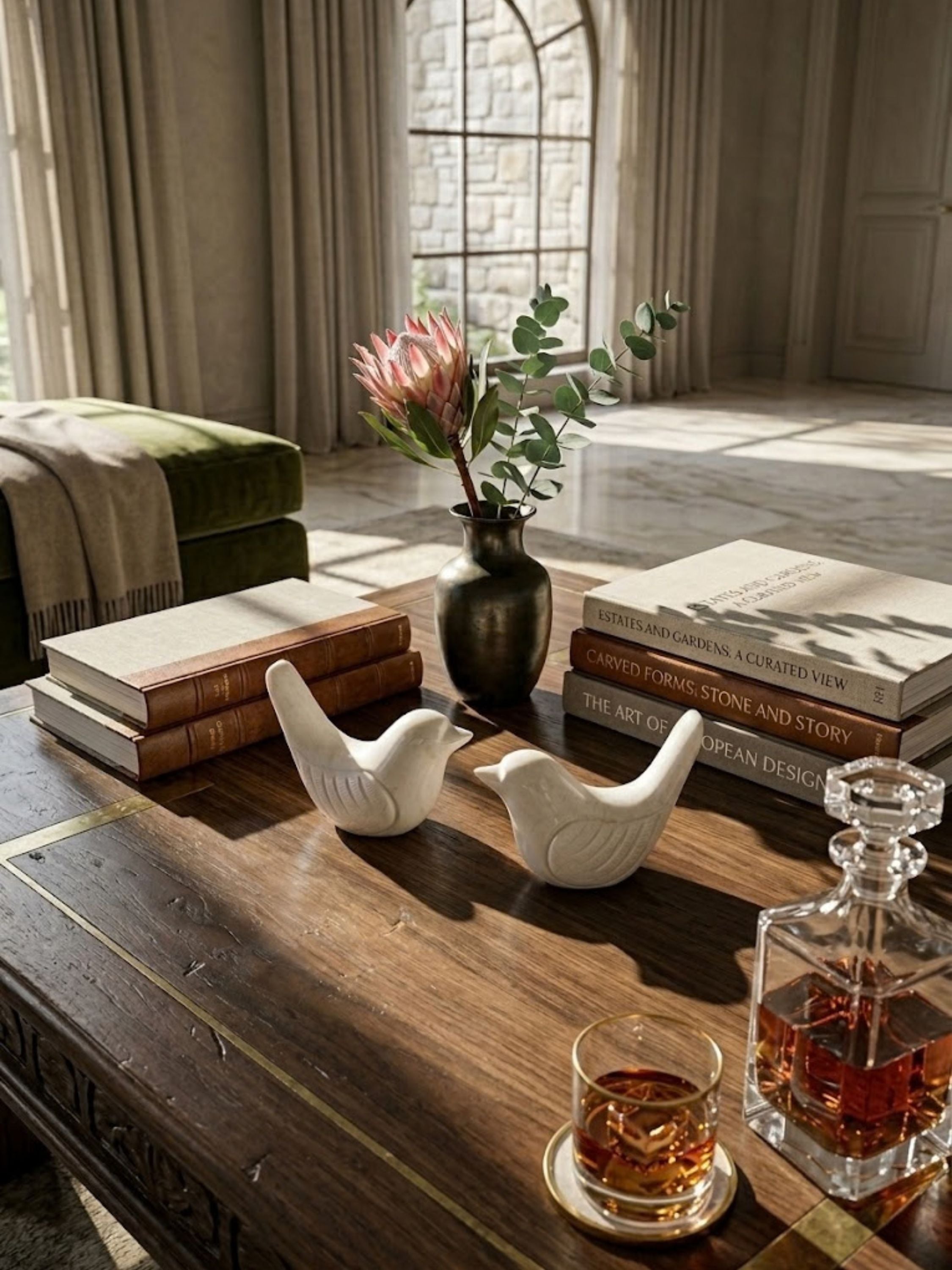 Coco & Charlie marble bird figurines displayed on an entryway console, their sculpted forms creating a welcoming focal point.