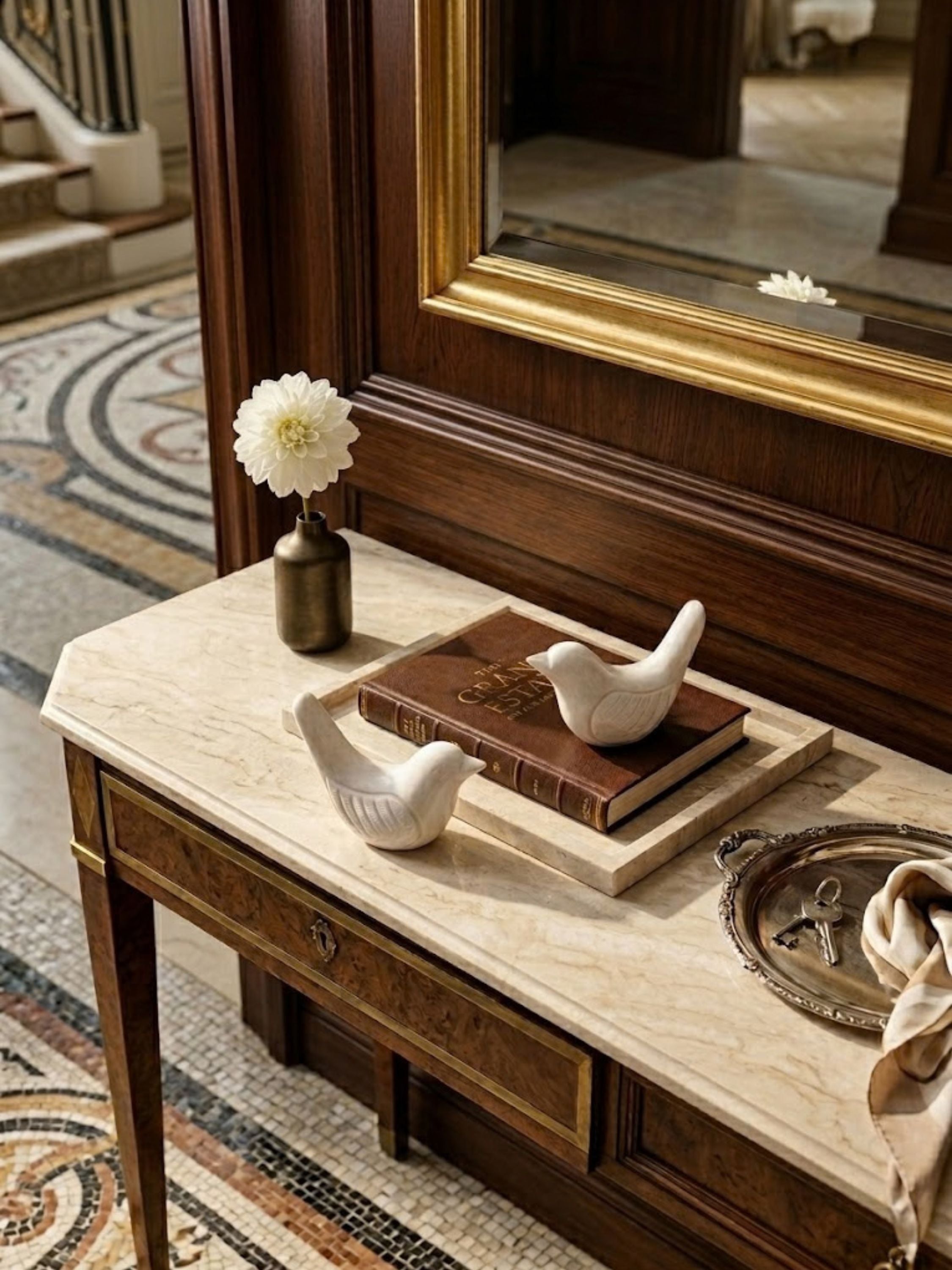 Coco & Charlie marble bird figurines styled on a bedside surface, their soft marble texture adding a quiet decorative accent.