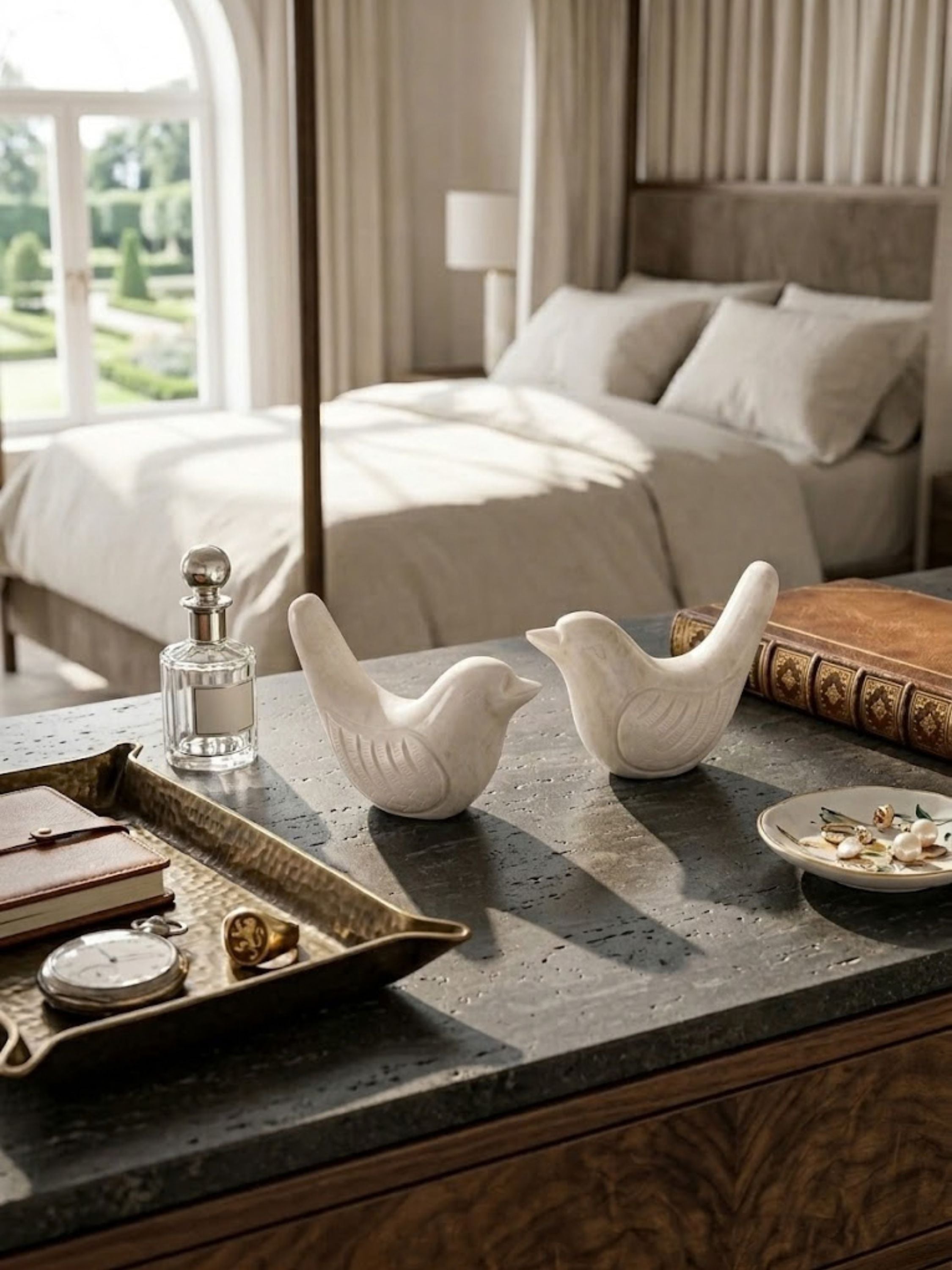 Coco & Charlie marble bird figurines nestled among books on a library shelf, adding sculptural balance to the display.