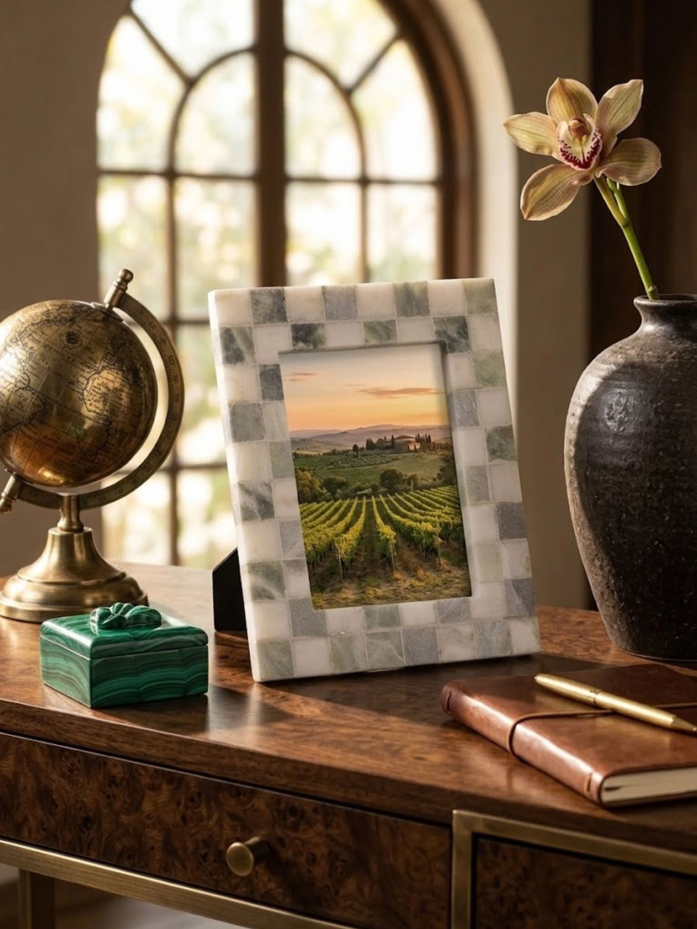 Austen green onyx mosaic frame displayed on a dressing table, showing hand-laid stone tiles in soft mineral tones.