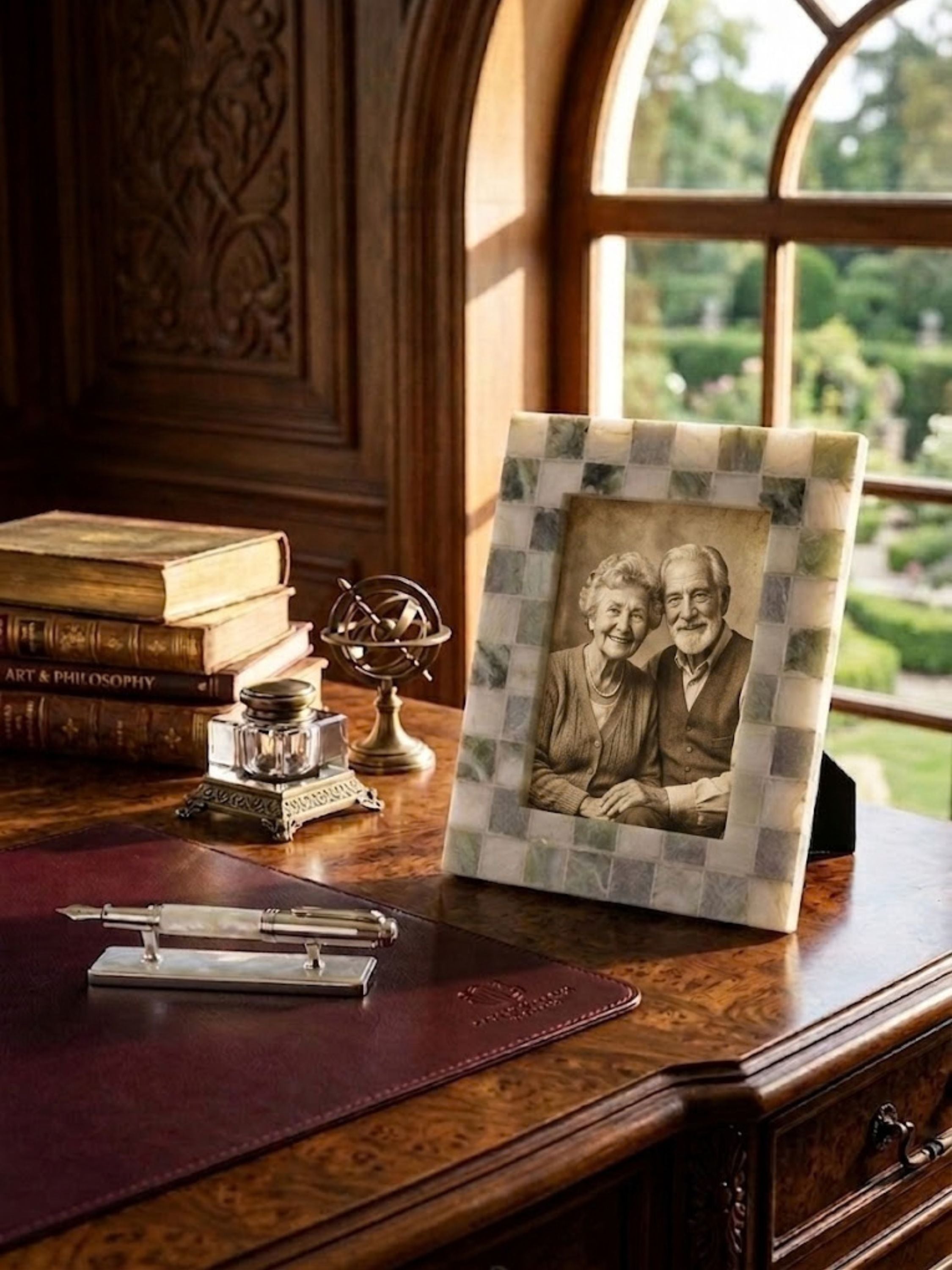 Austen green onyx mosaic frame styled on a home office desk, its natural stone tiles set beside desk accessories.