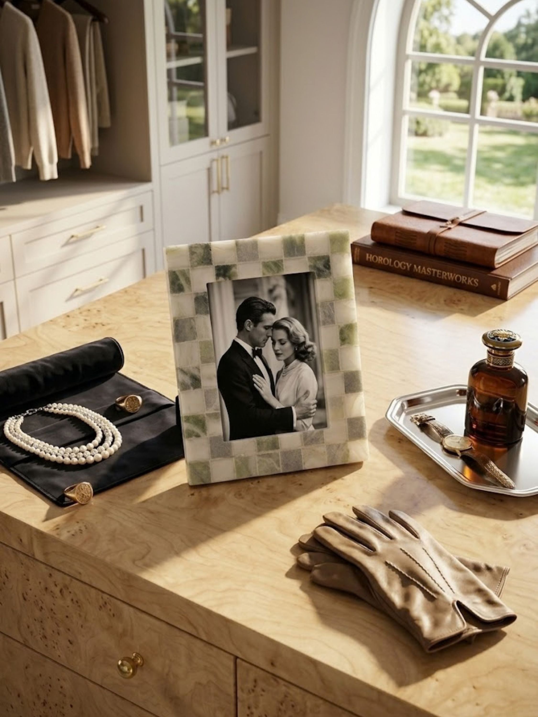 Austen green onyx mosaic frame showcased on a dressing room console, highlighting the hand-laid tile pattern and framed photograph.