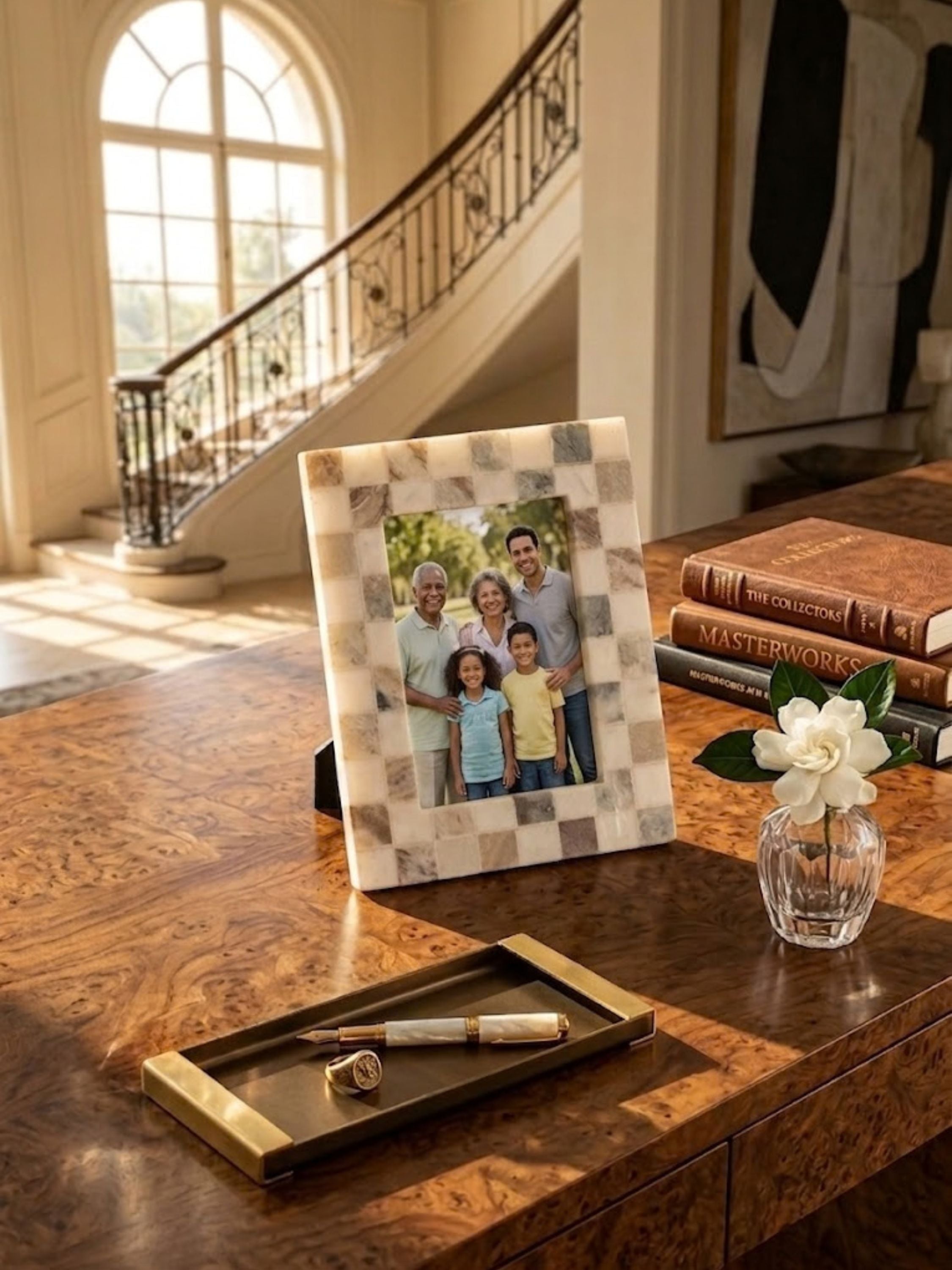 Austen brown onyx mosaic frame styled on an entryway console, its hand-laid hazel brown tiles framing a family photograph.