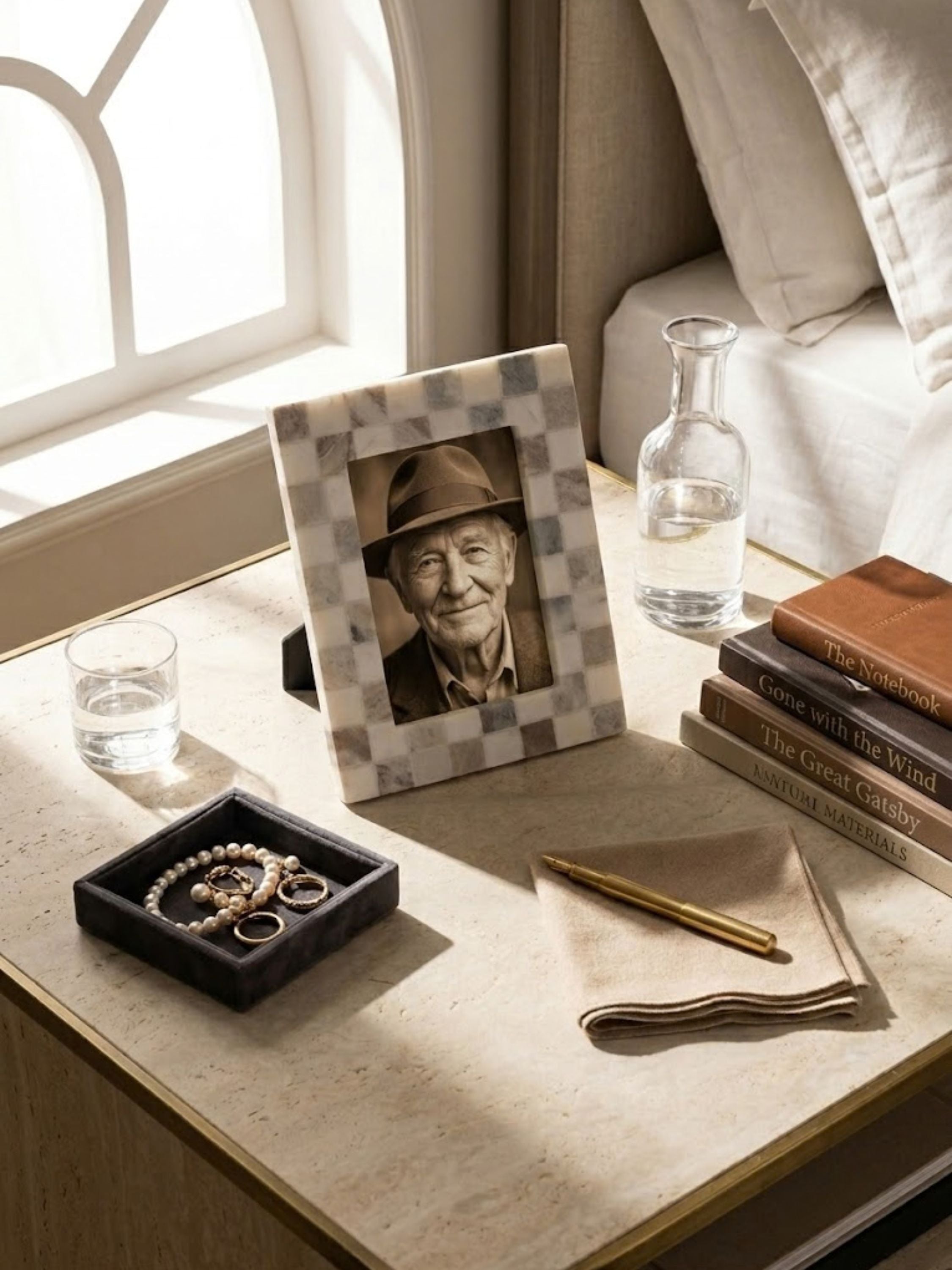 Austen Brown Onyx Picture Frame arranged on a bedside table, highlighting handcrafted hazel brown onyx mosaic and cherished portraits within a calm, luxurious retreat.