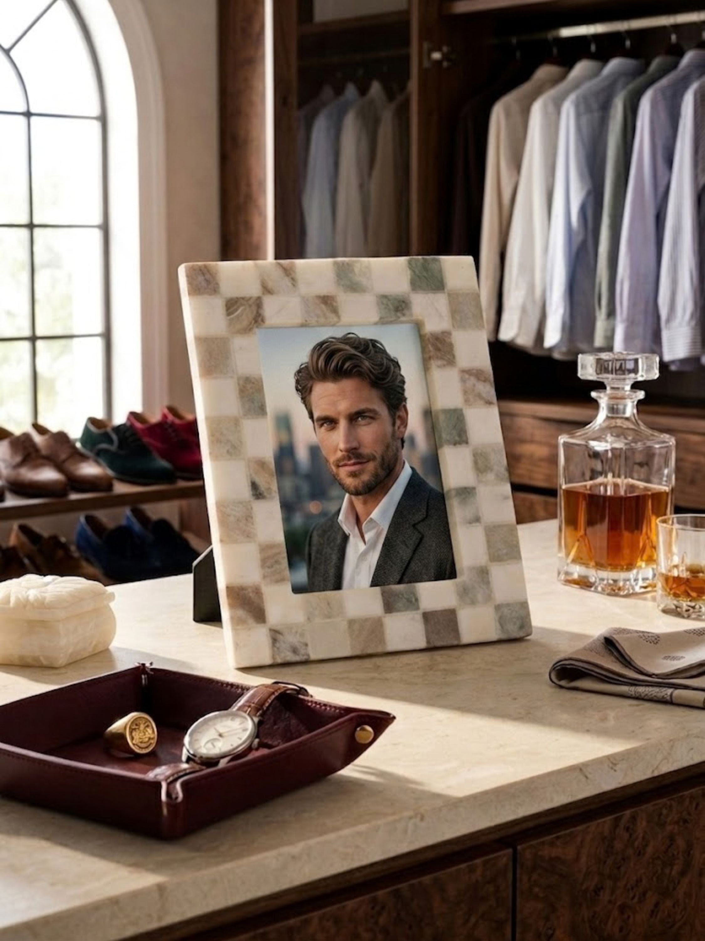 Austen Brown Onyx Picture Frame showcased in a refined dressing room vignette, pairing warm hazel brown mosaic stone with treasured portraits and understated luxury styling.