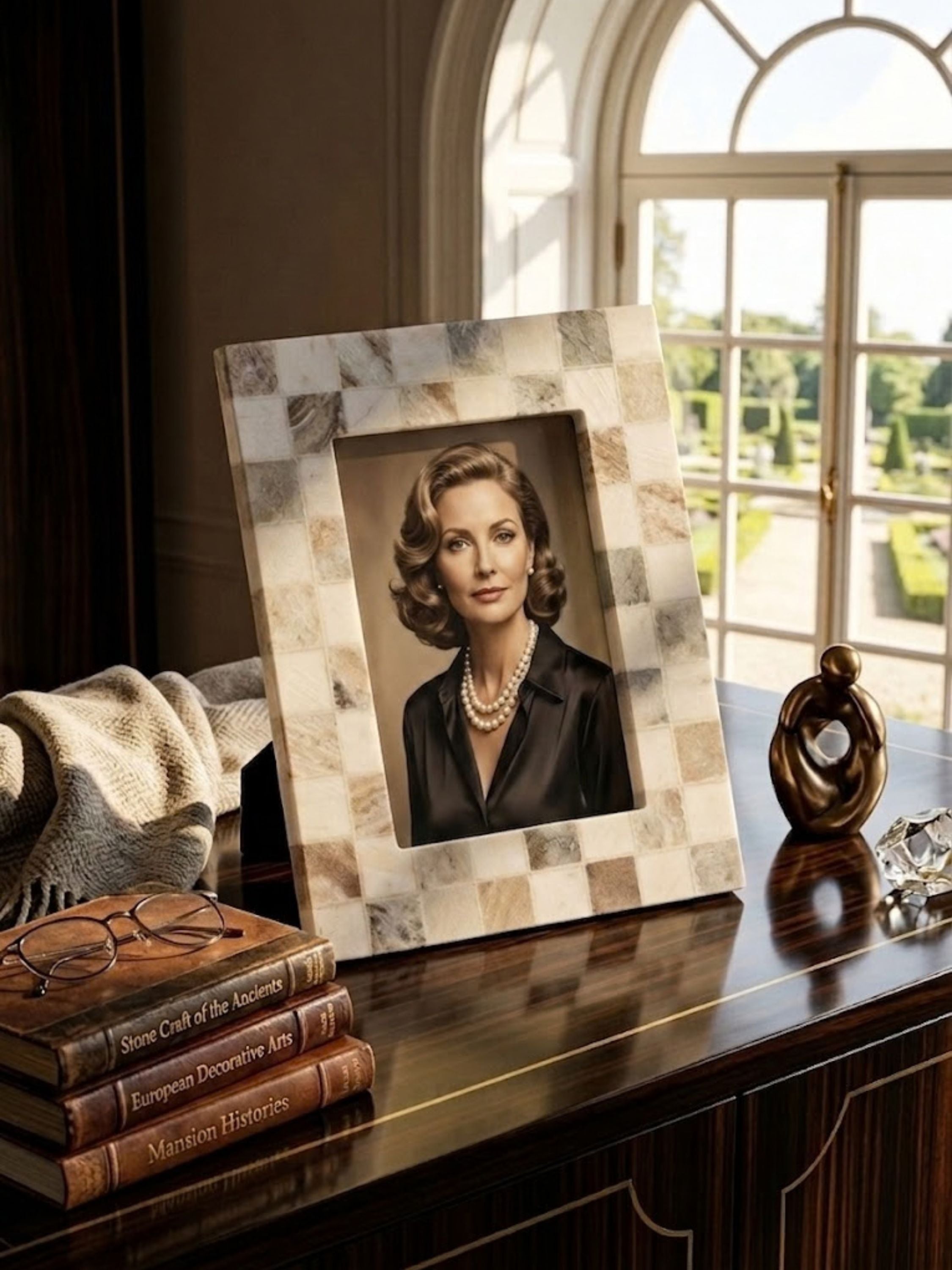 Austen brown onyx mosaic frame displayed on a desk, its hazel brown stone tiles adding warm color beside desk accessories.