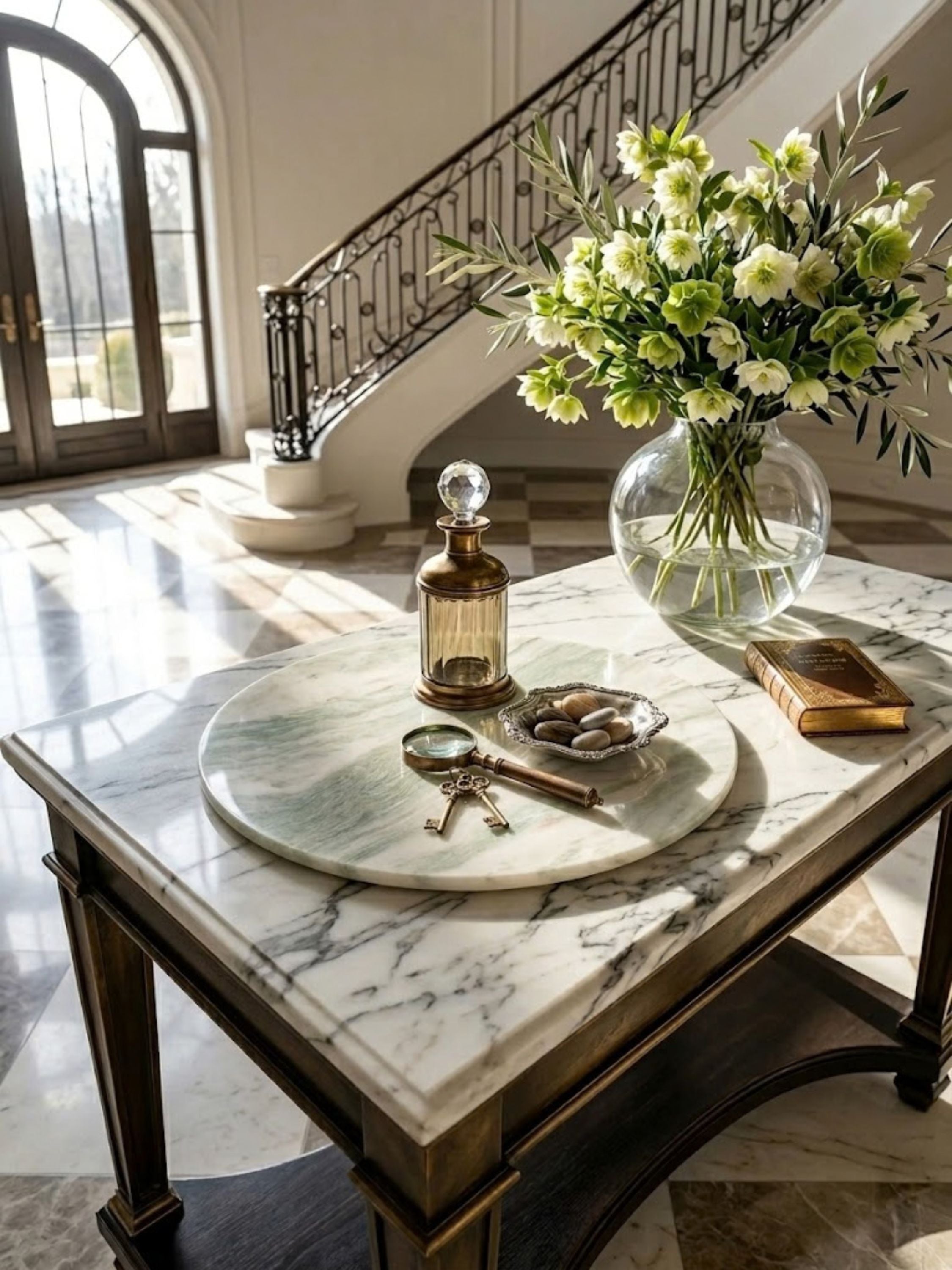 Moonlight Onyx decorative tray styled on an entryway console with florals and collected accents, highlighting soft green veining and refined surface presence.