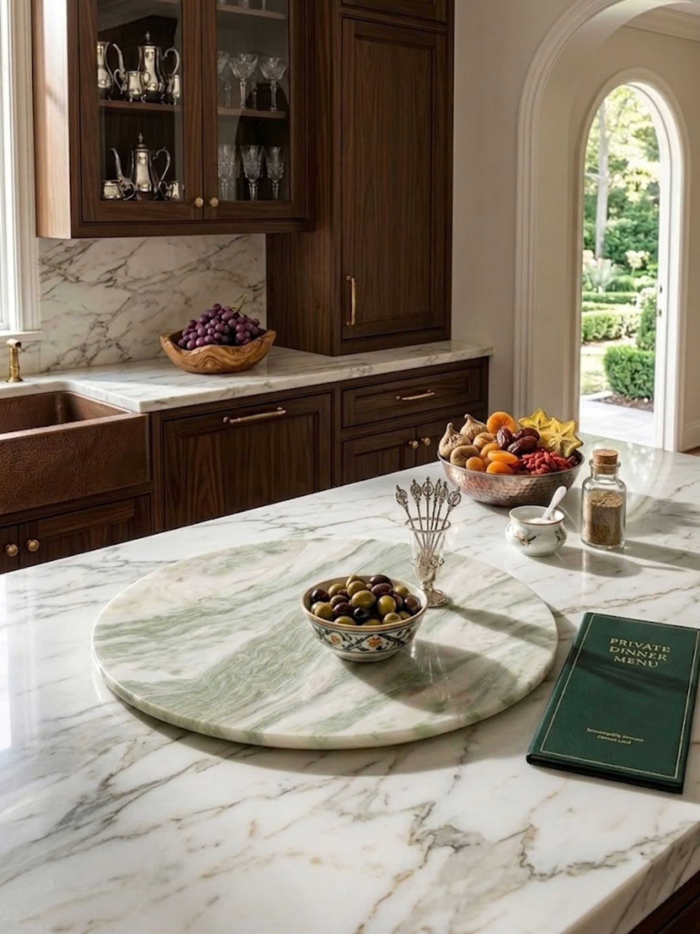 Moonlight onyx tray displayed on a marble kitchen island with serving pieces and olives, bringing natural stone character to gatherings.