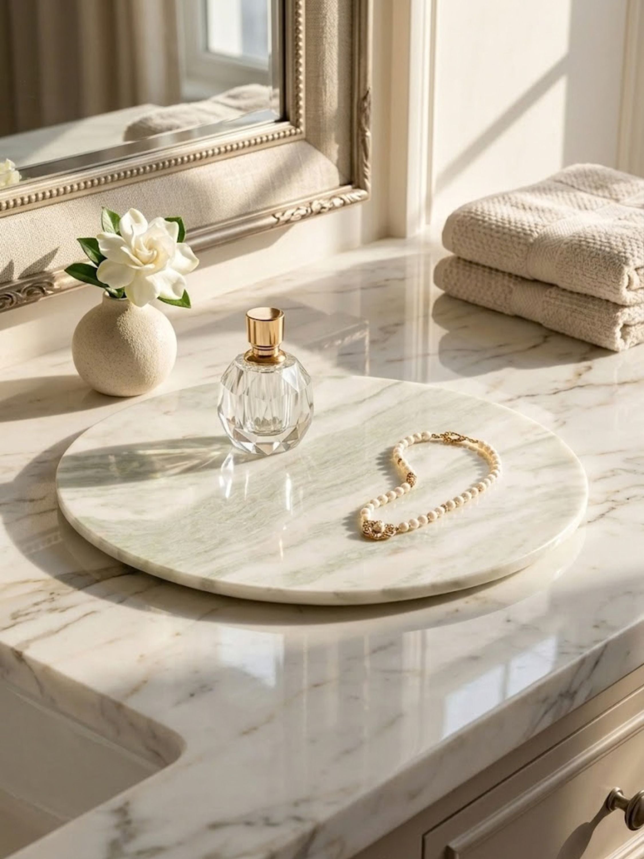 Moonlight onyx tray styled on a marble bathroom counter with perfume and accessories, showcasing serene green veining.