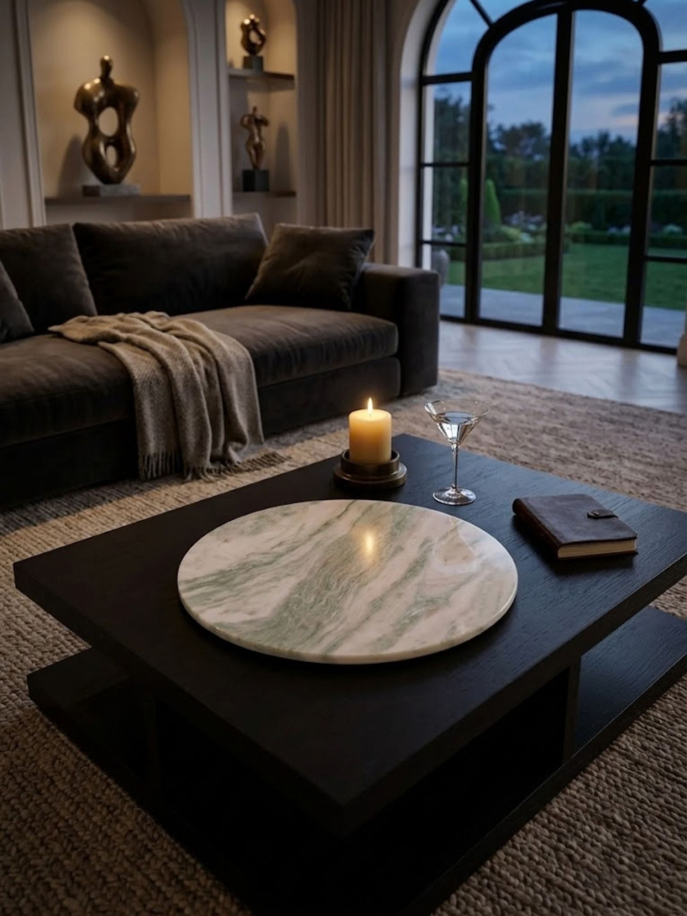 Moonlight onyx tray shown on a coffee table beside decor objects, its polished surface catching the light from a nearby window.