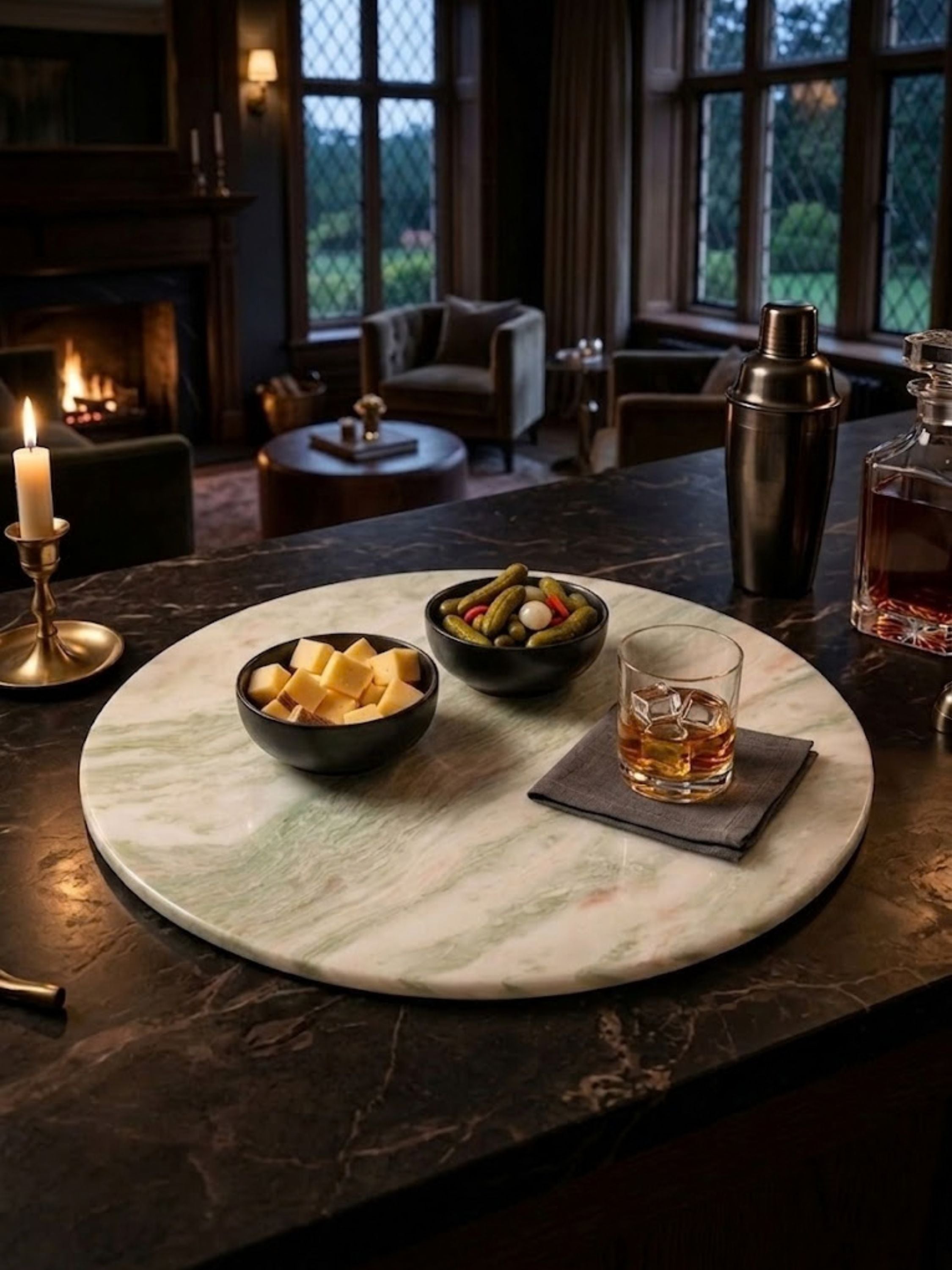 Moonlight onyx tray placed on a living room coffee table, creating a focal point with its soft mineral movement.