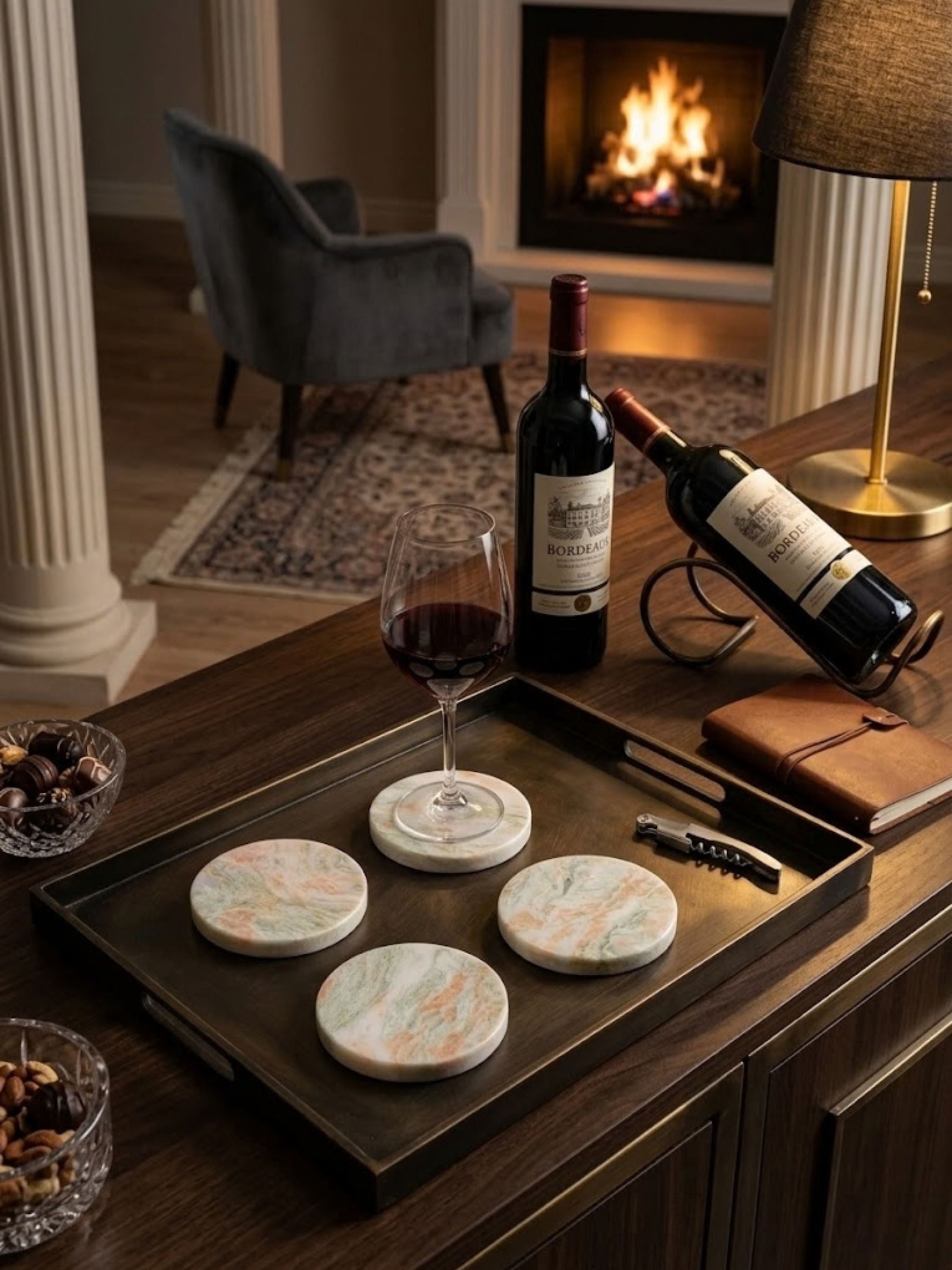 Moonlight onyx coasters displayed on a serving tray with wine accessories, creating a foundation for hospitality moments and evening entertaining.