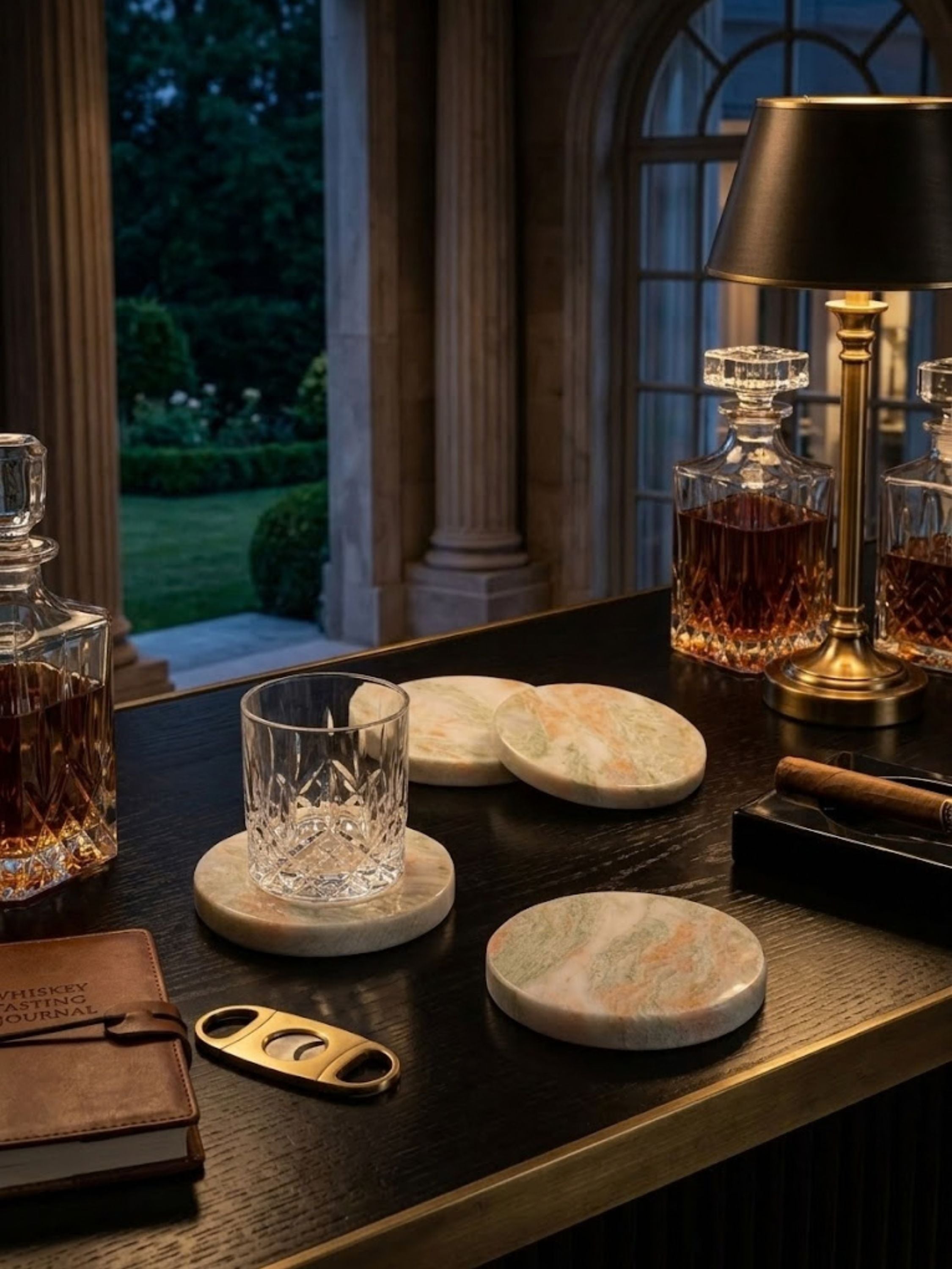 Moonlight onyx coasters featured in a whiskey lounge setting with crystal decanters and bar essentials, highlighting the stone's tonal beauty.