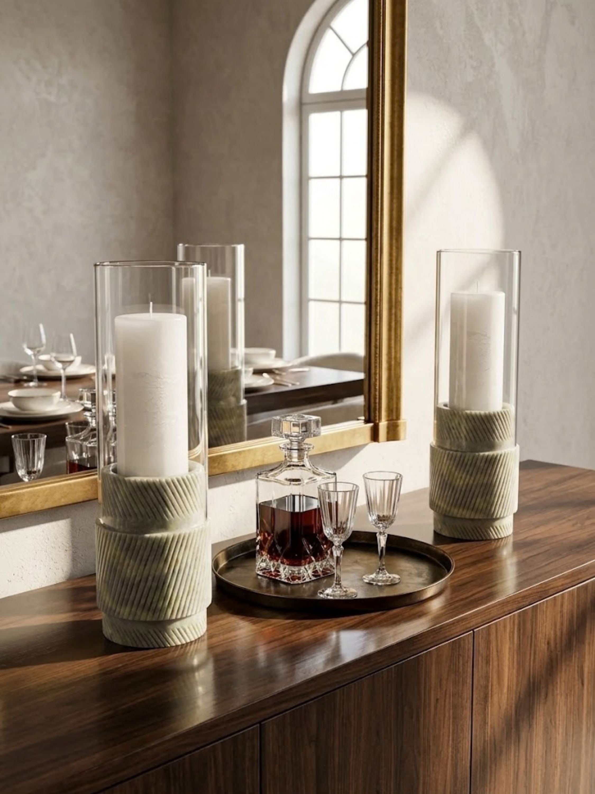 Estonia Green Onyx hurricane candle holders arranged beside a soaking tub, creating a serene spa-inspired atmosphere with natural stone character and gentle candlelight.