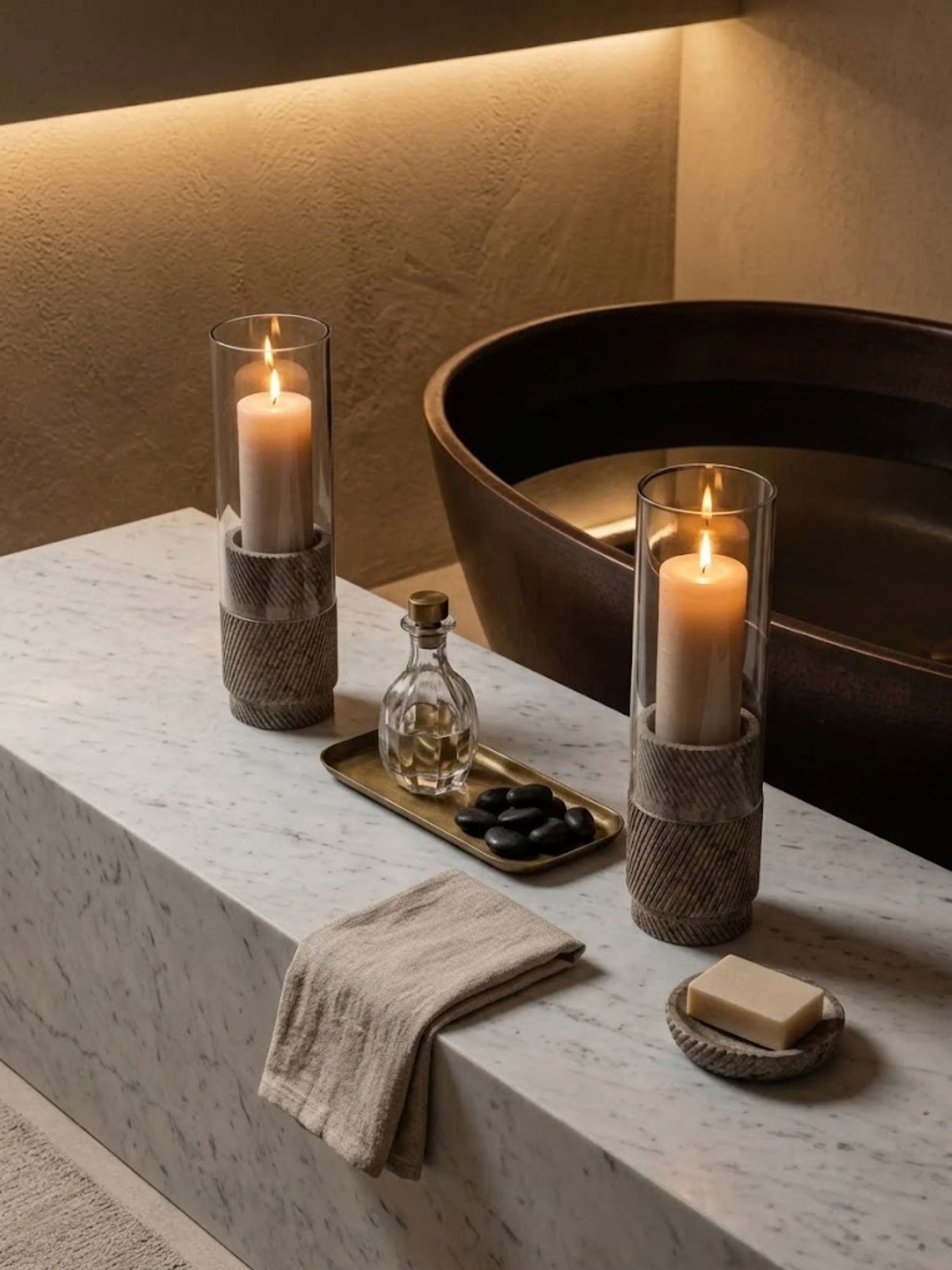Estonia Brown Travertine hurricane candle holders styled beside a freestanding tub, bringing warm ambient light and textured stone character to a spa-inspired retreat.
