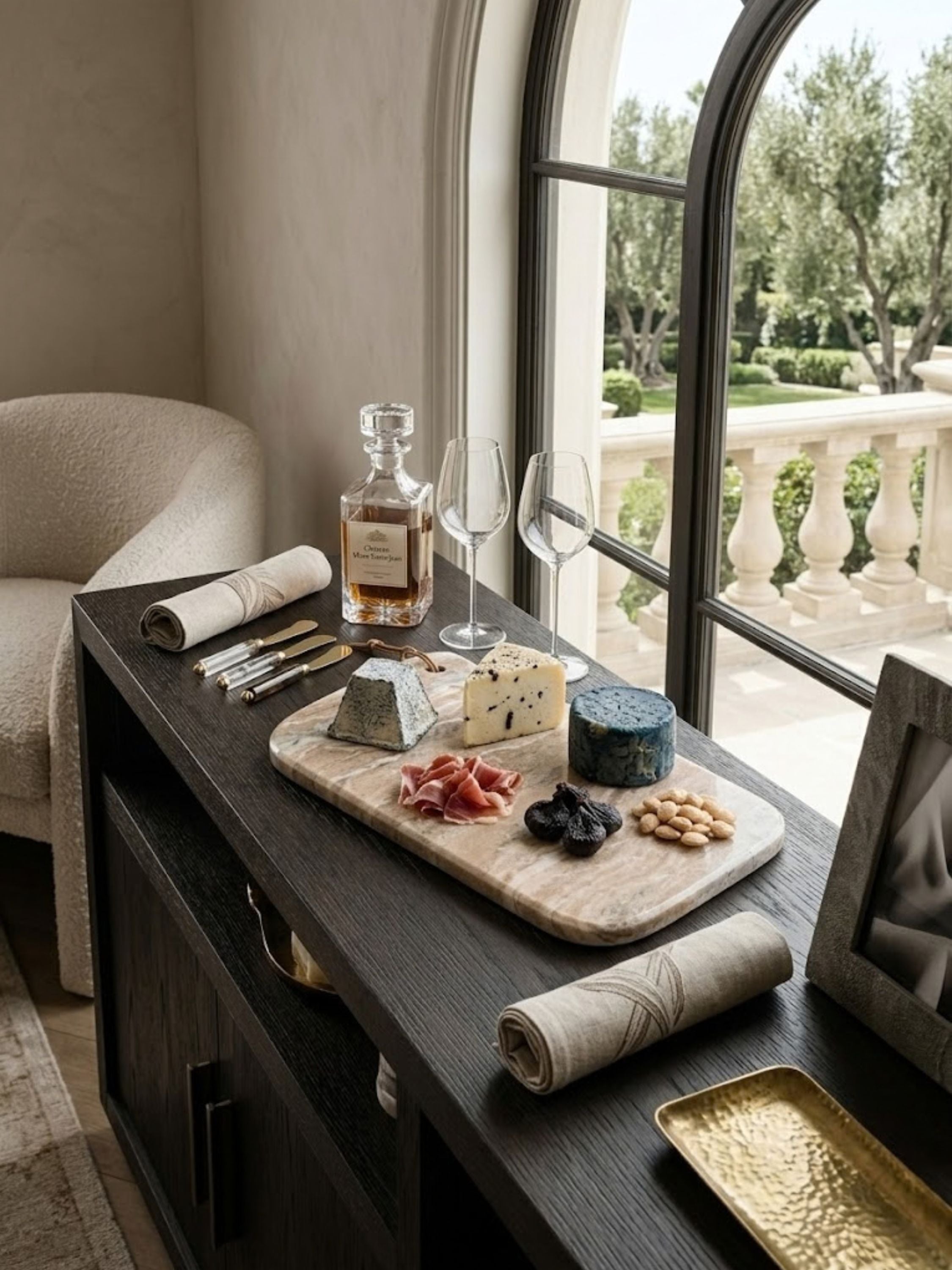 Dakota marble cheese board displayed on a console table with cheeses, charcuterie, and glassware.