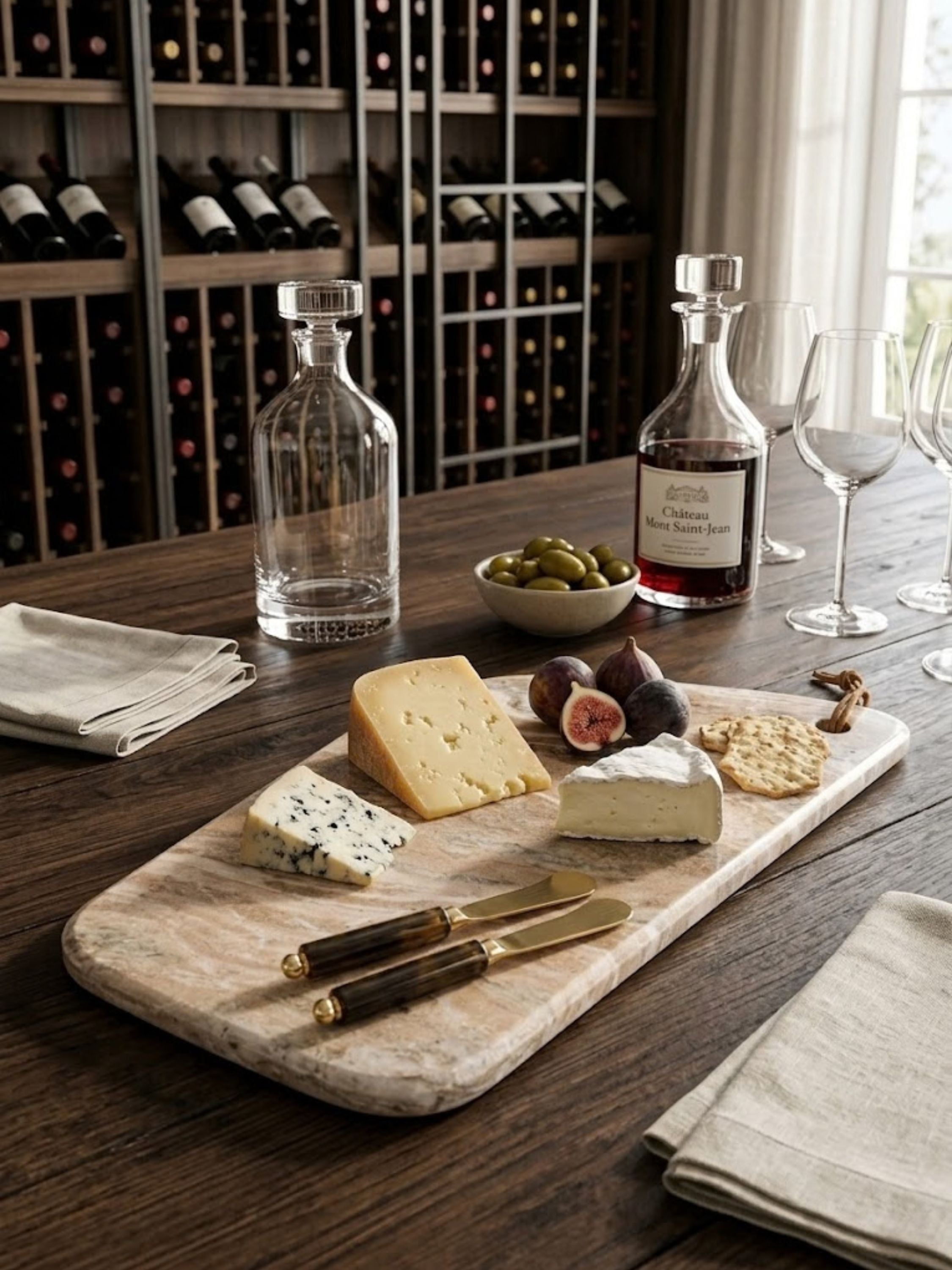 Dakota marble cheese board styled on a buffet sideboard with assorted cheeses, charcuterie, and serving pieces.