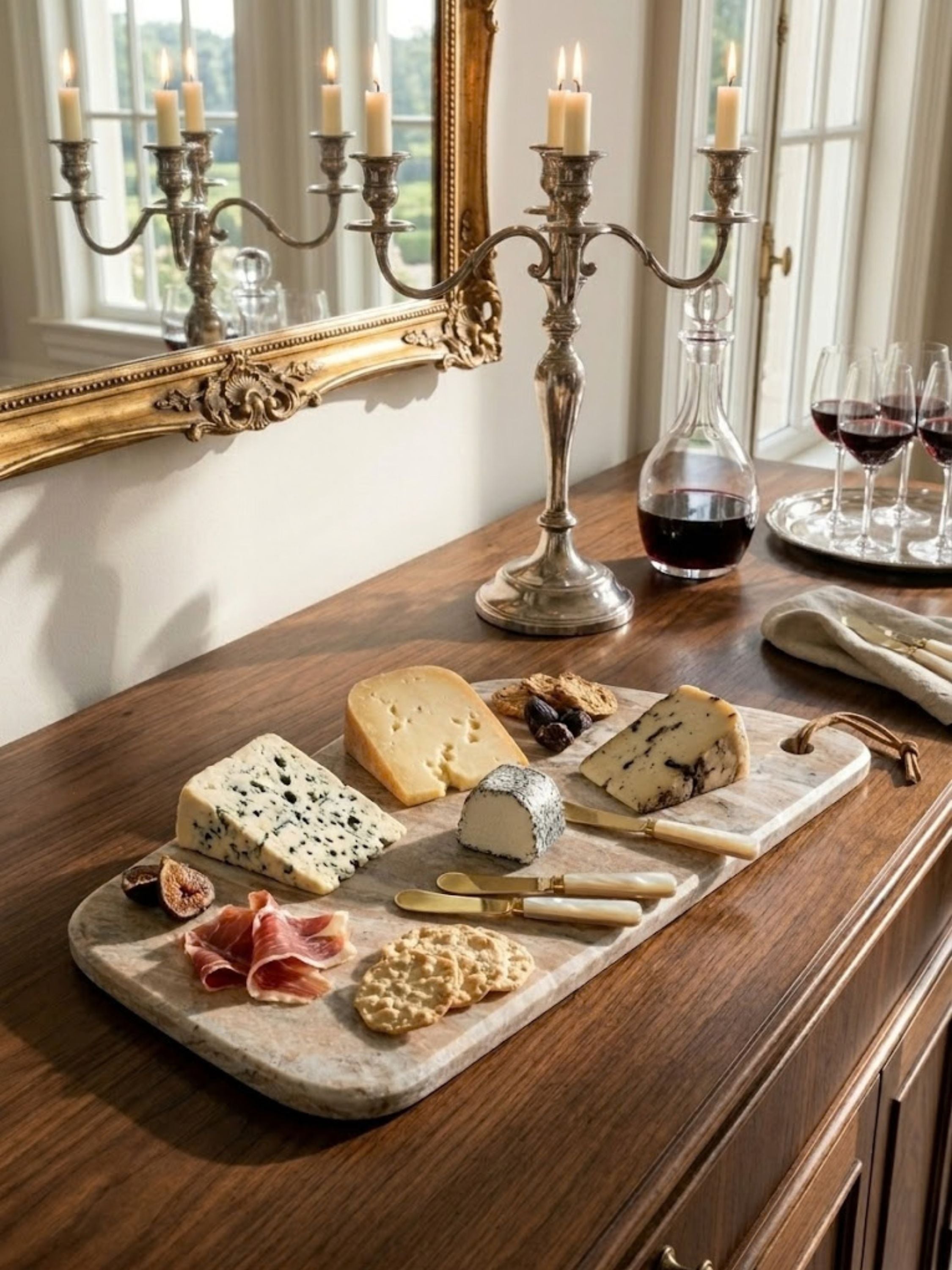 Dakota marble cheese board presented in a wine cellar setting with cheeses, figs, and tasting accessories.