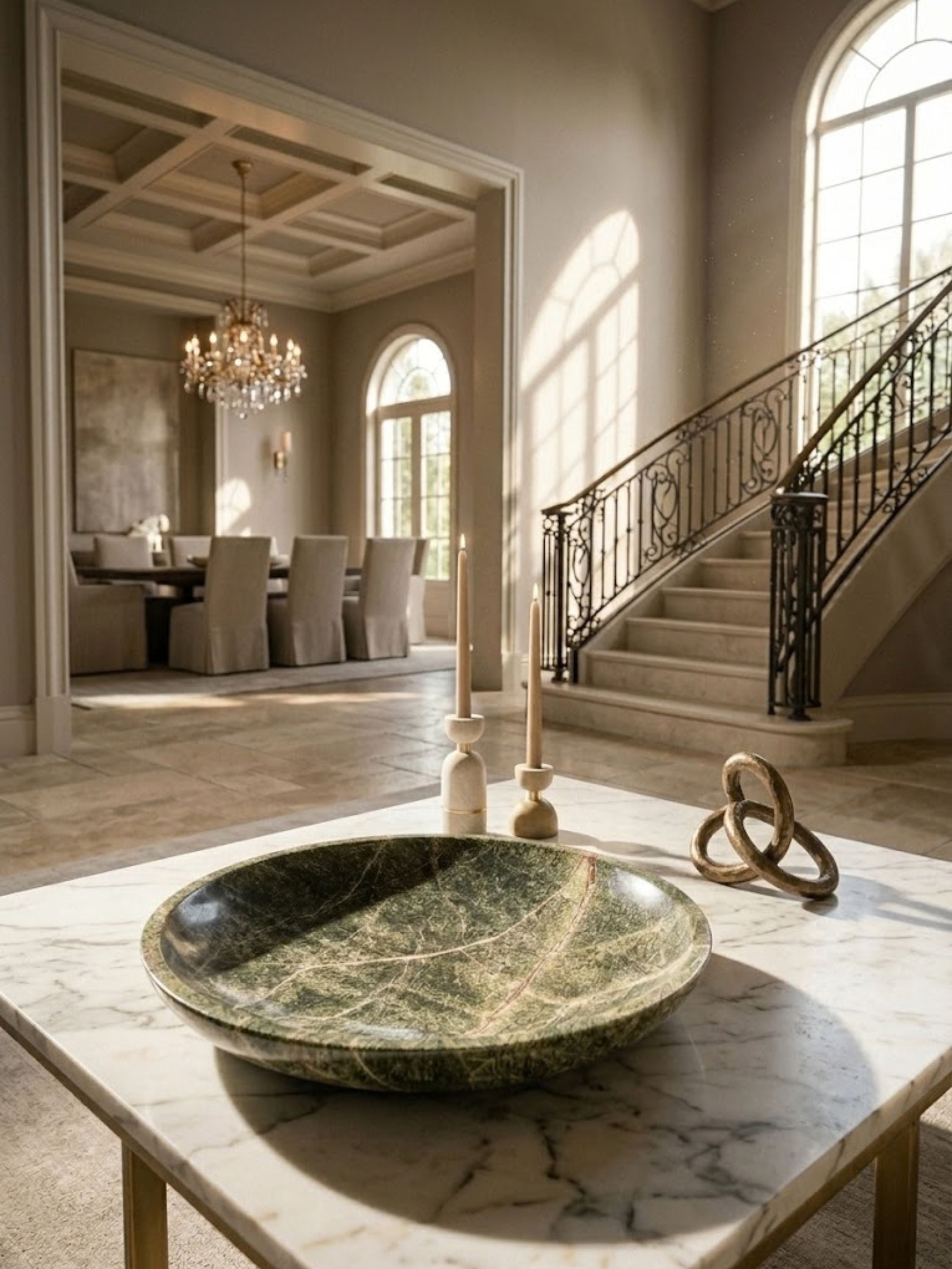 Verapaz Verde green stone bowl displayed on a marble dining table, showcasing rich green veining and sculptural presence as a centerpiece.
