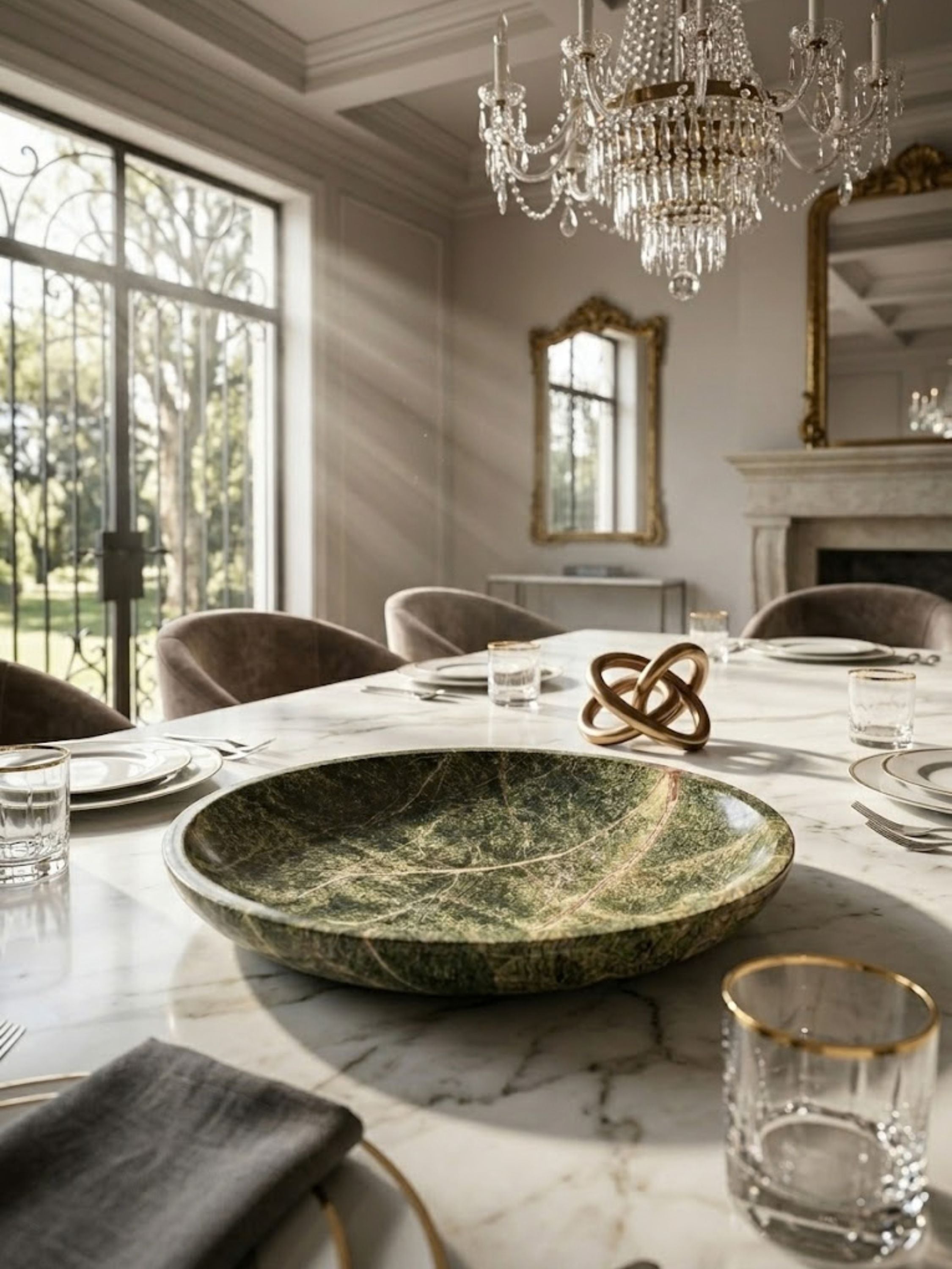 Verapaz Verde green stone bowl styled on a round pedestal table with books and candleholders, bringing depth and texture to an entryway.