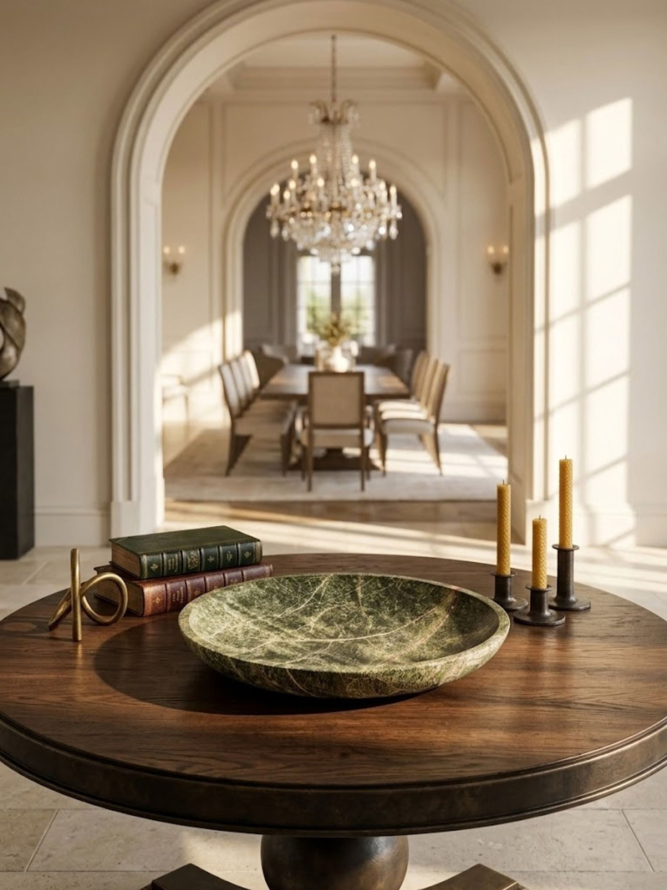 Verapaz Verde Guatemala decorative bowl placed on a marble-topped accent table with sculptural décor, highlighting the dramatic mineral patterning of handcrafted green stone.
