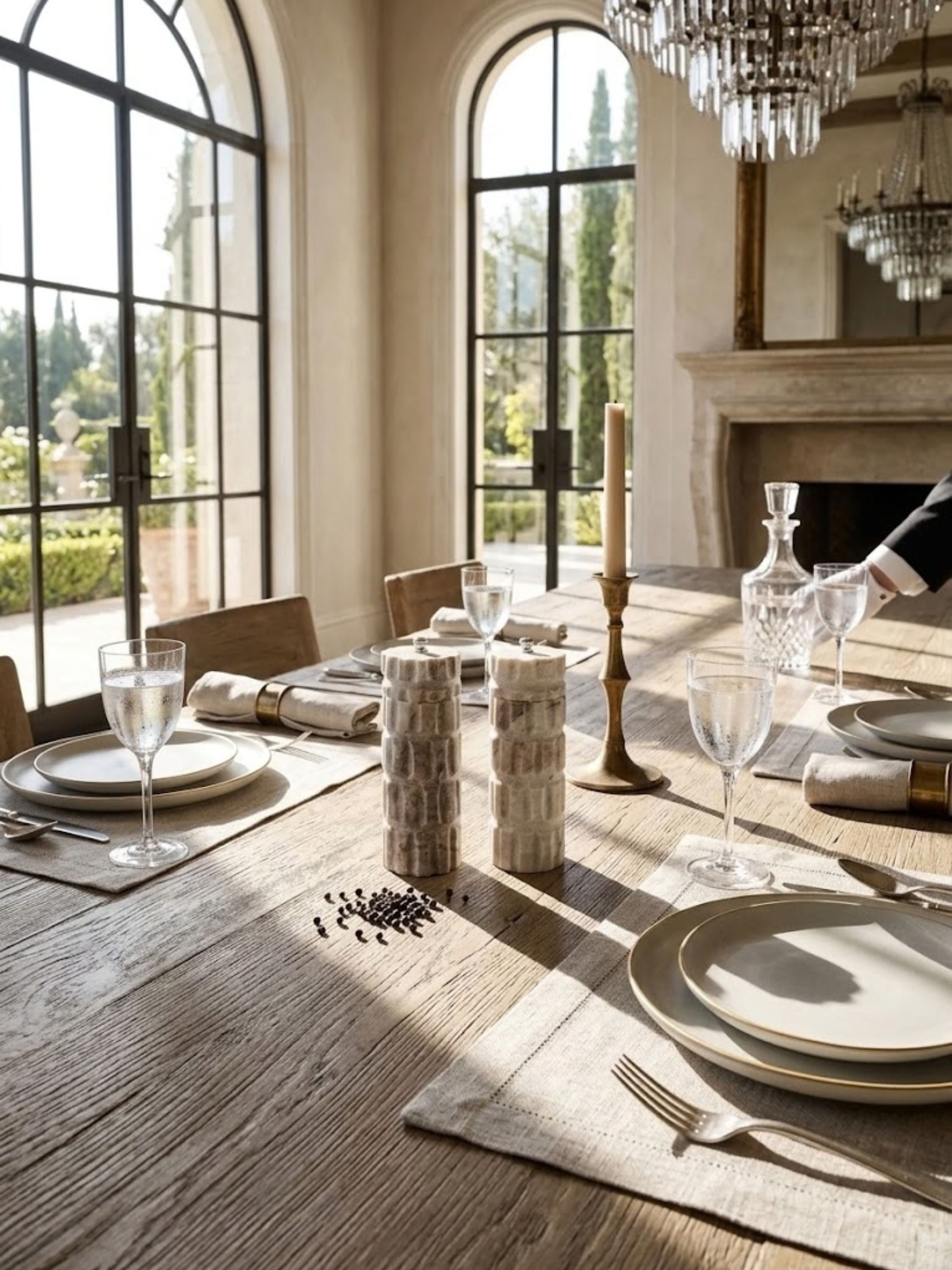 Beatrix marble salt and pepper mills styled on a sunlit dining table with linen placemats and crystal glassware.