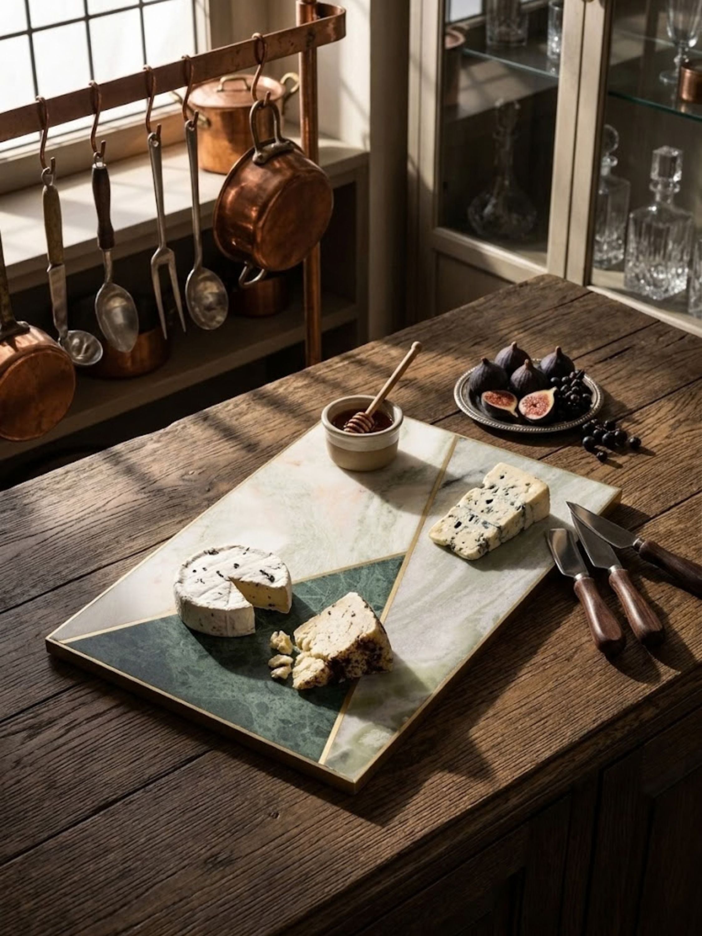 Brno marble cheese board styled with artisan cheeses, honey, and figs on a rustic kitchen table, highlighting geometric stone inlay and elevated entertaining appeal.