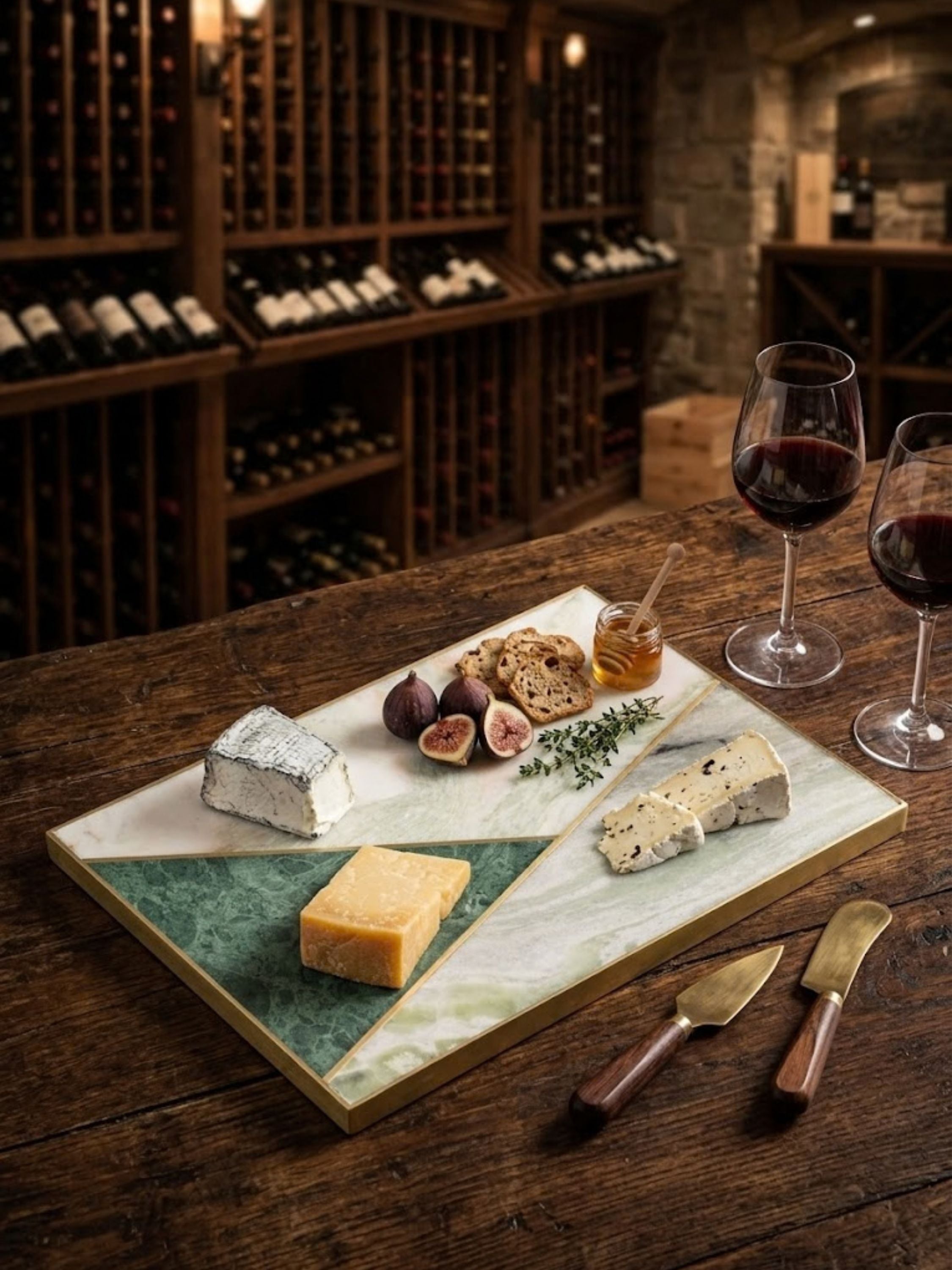 Brno marble cheese board displayed in a wine cellar setting with curated cheeses and wine glasses, showcasing refined hosting and marble craftsmanship.