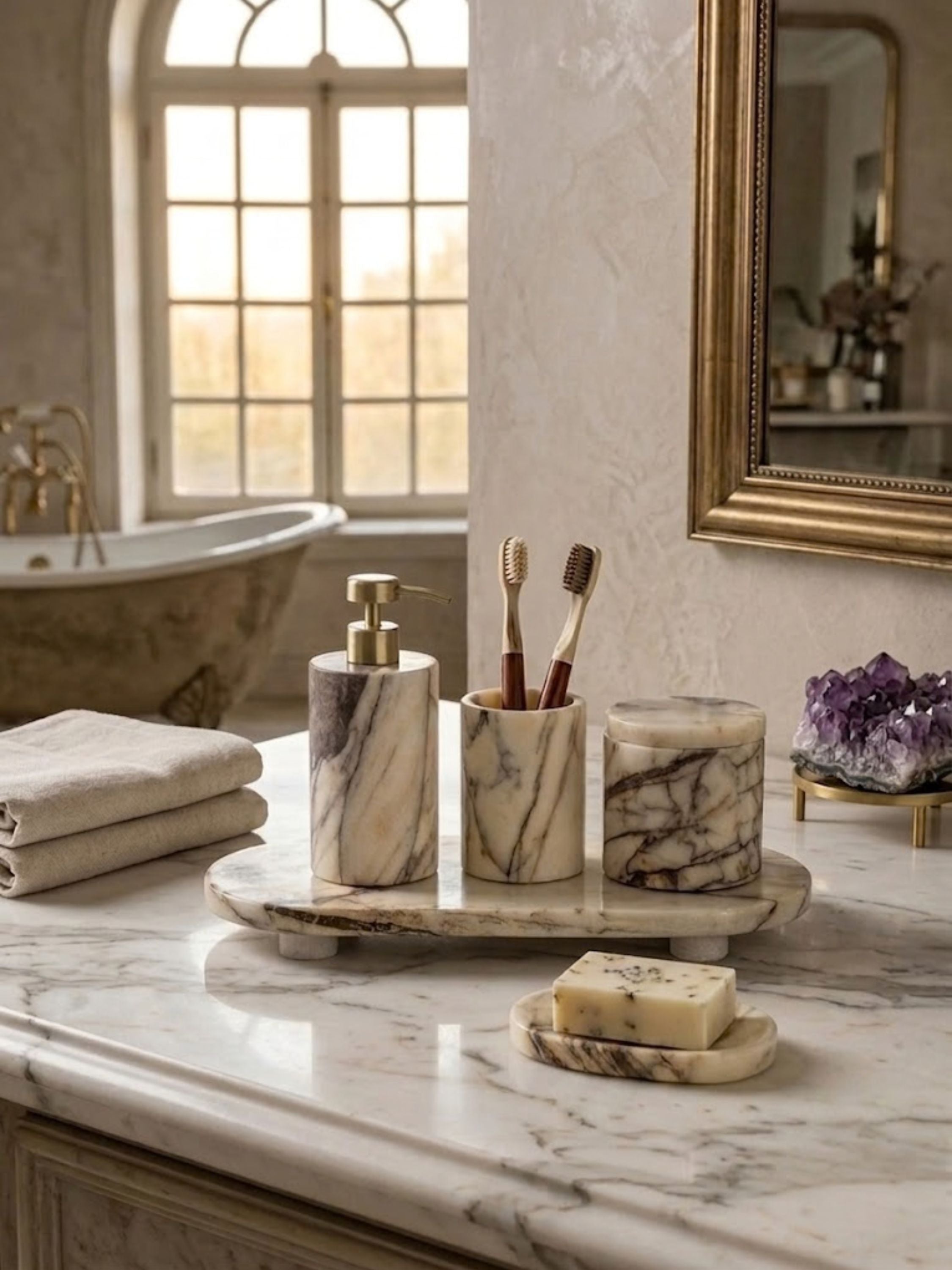Tangier marble bath set styled on a bright marble countertop beside a freestanding tub, showcasing coordinated marble bath accessories and elevated everyday organization.