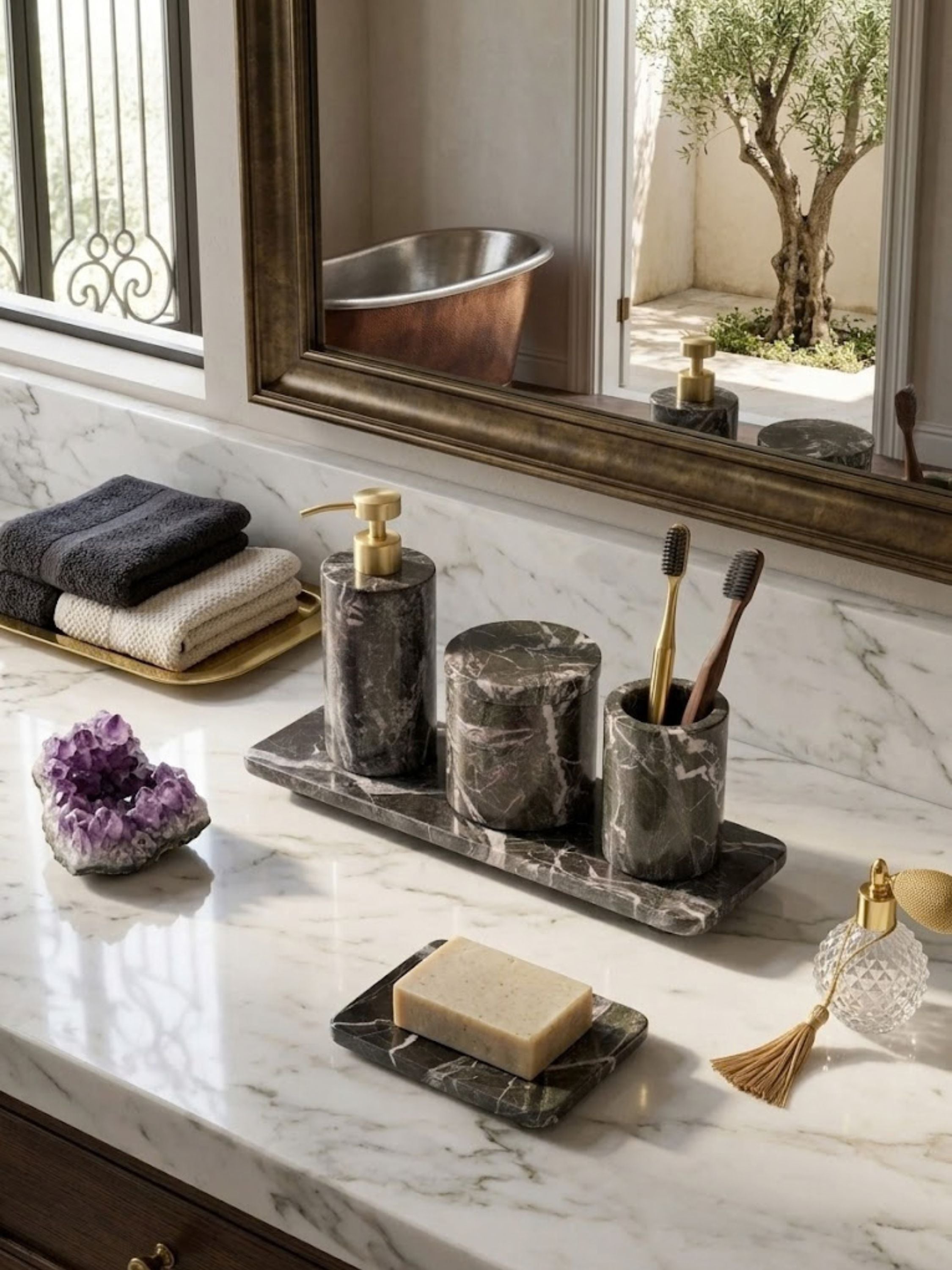 Jardin Verde Levanto bath set displayed on a classic marble vanity, highlighting dramatic natural veining, elevated bathroom essentials, and timeless luxury styling.