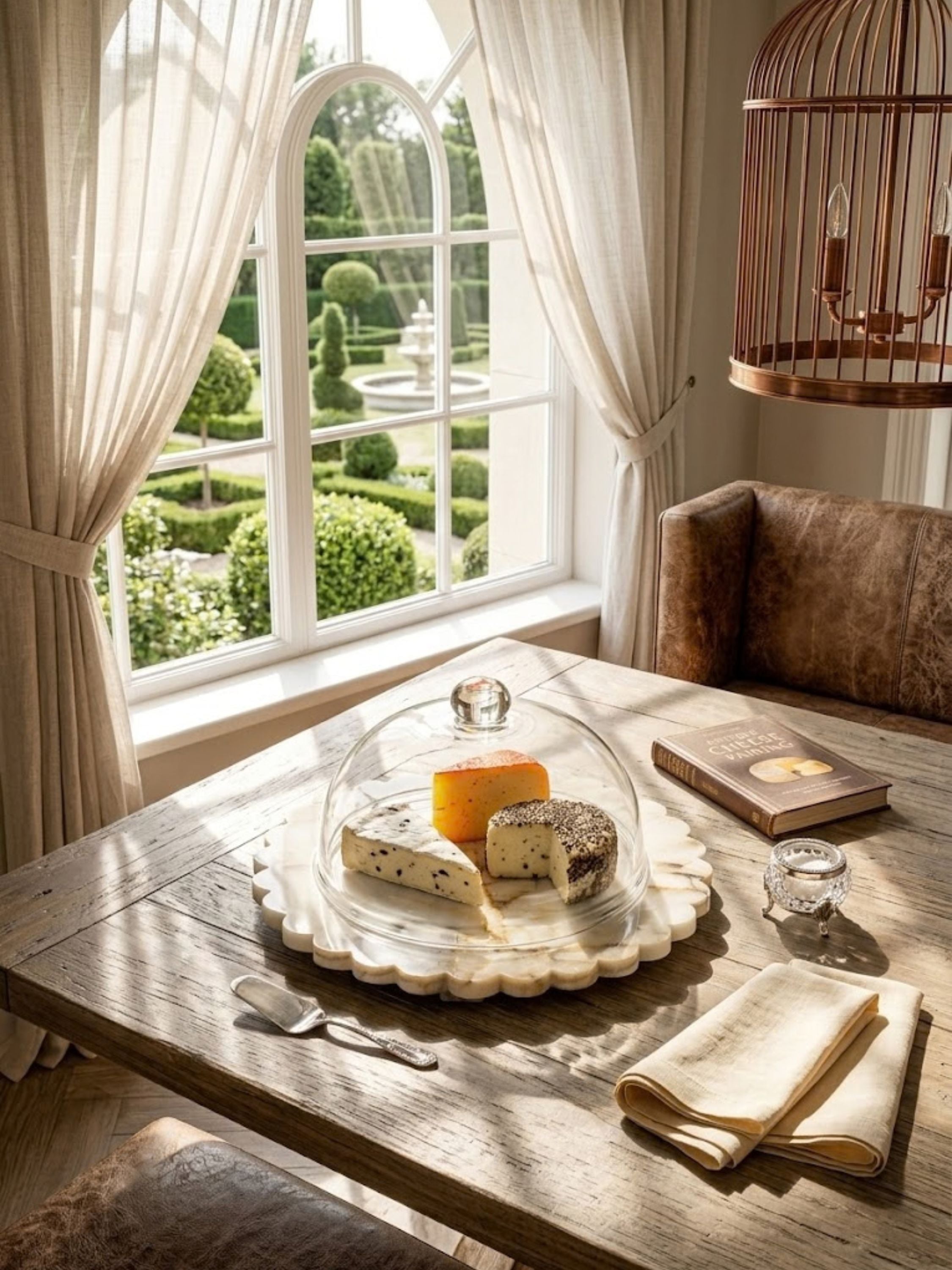 Kismet marble cloche board arranged on a rustic wood surface with curated cheeses, highlighting sculptural marble craftsmanship and elevated hosting style.