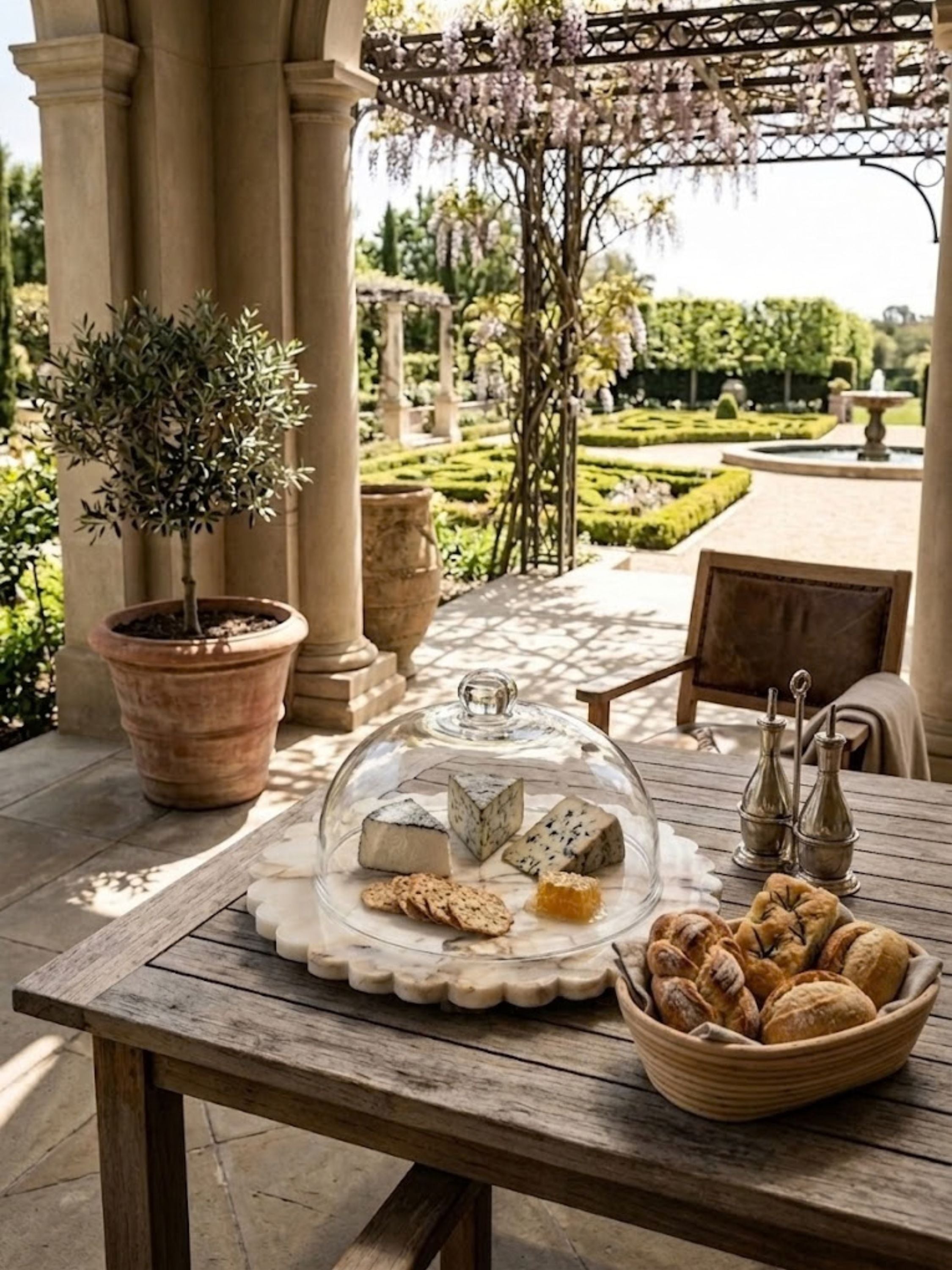Kismet marble cloche board arranged on a rustic wood surface with curated cheeses, highlighting sculptural marble craftsmanship and elevated hosting style.