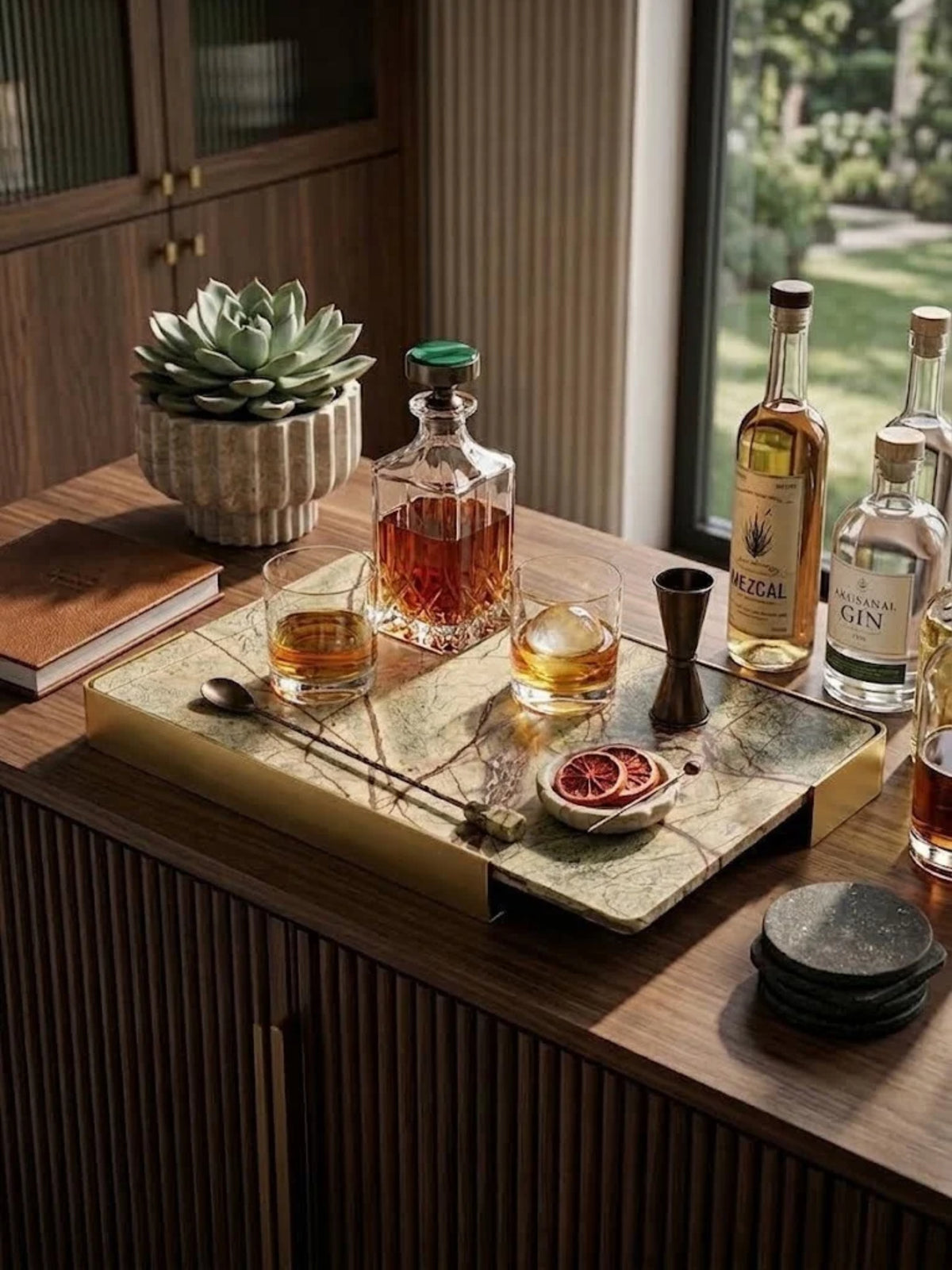 Normandy onyx marble tray in moss green with russet veining, holding spirits and glasses at a home bar.
