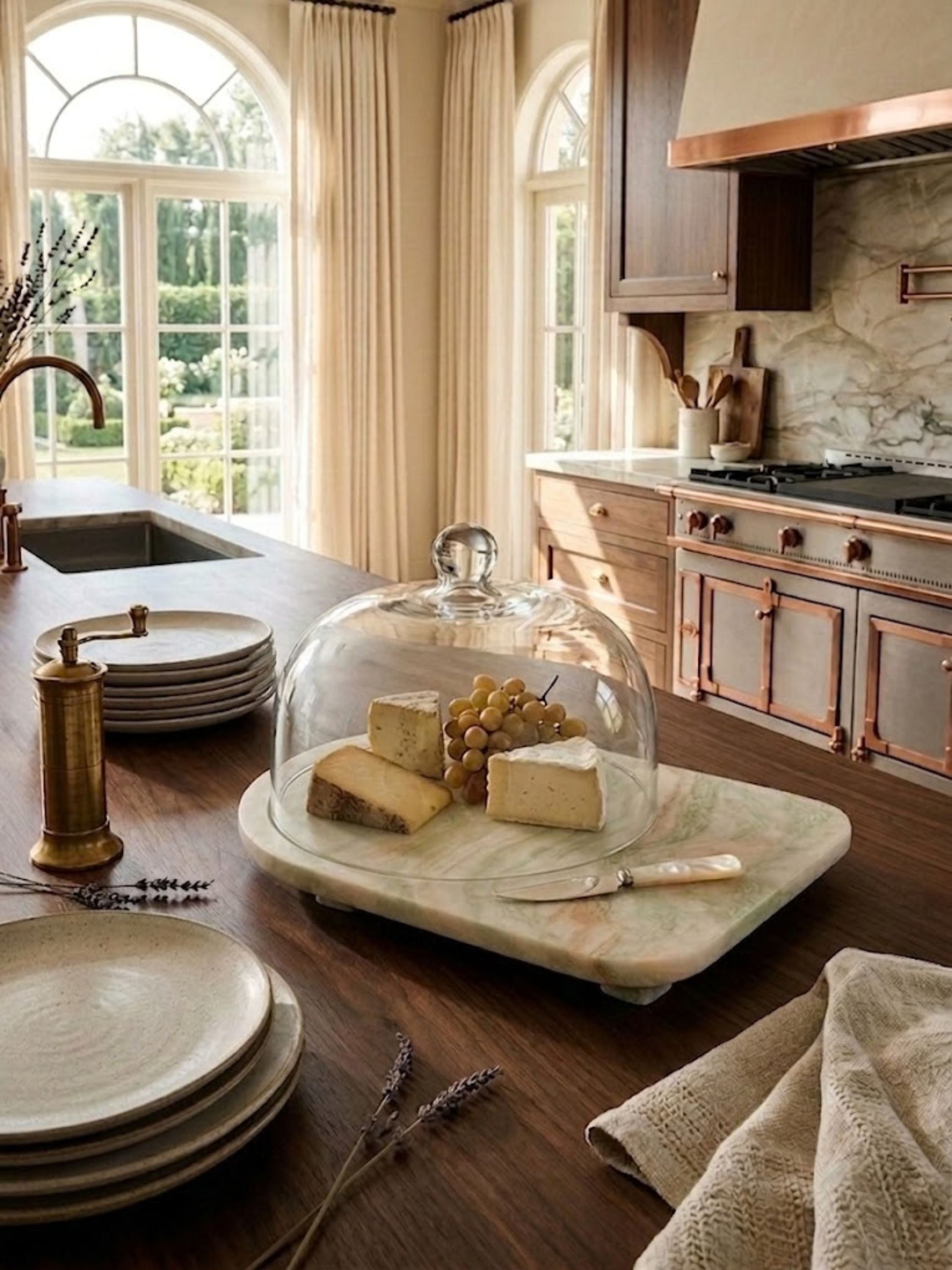 Moonlight onyx cloche board styled with cheeses beneath a glass dome, showcasing soft mineral veining and tabletop presentation.