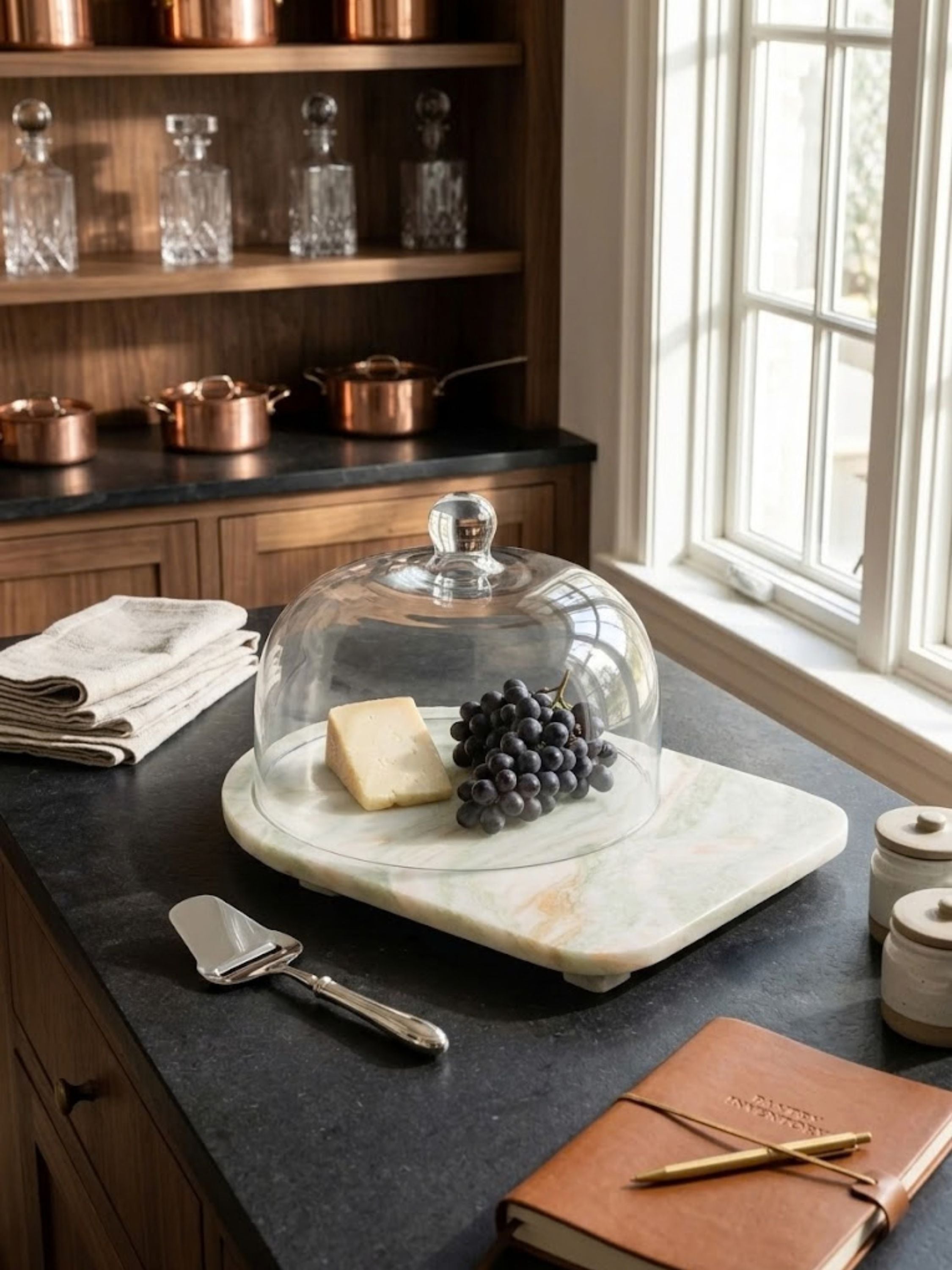 Moonlight onyx cloche board presenting a curated cheese selection beneath a clear glass dome, highlighting the stone's subtle tonal movement.