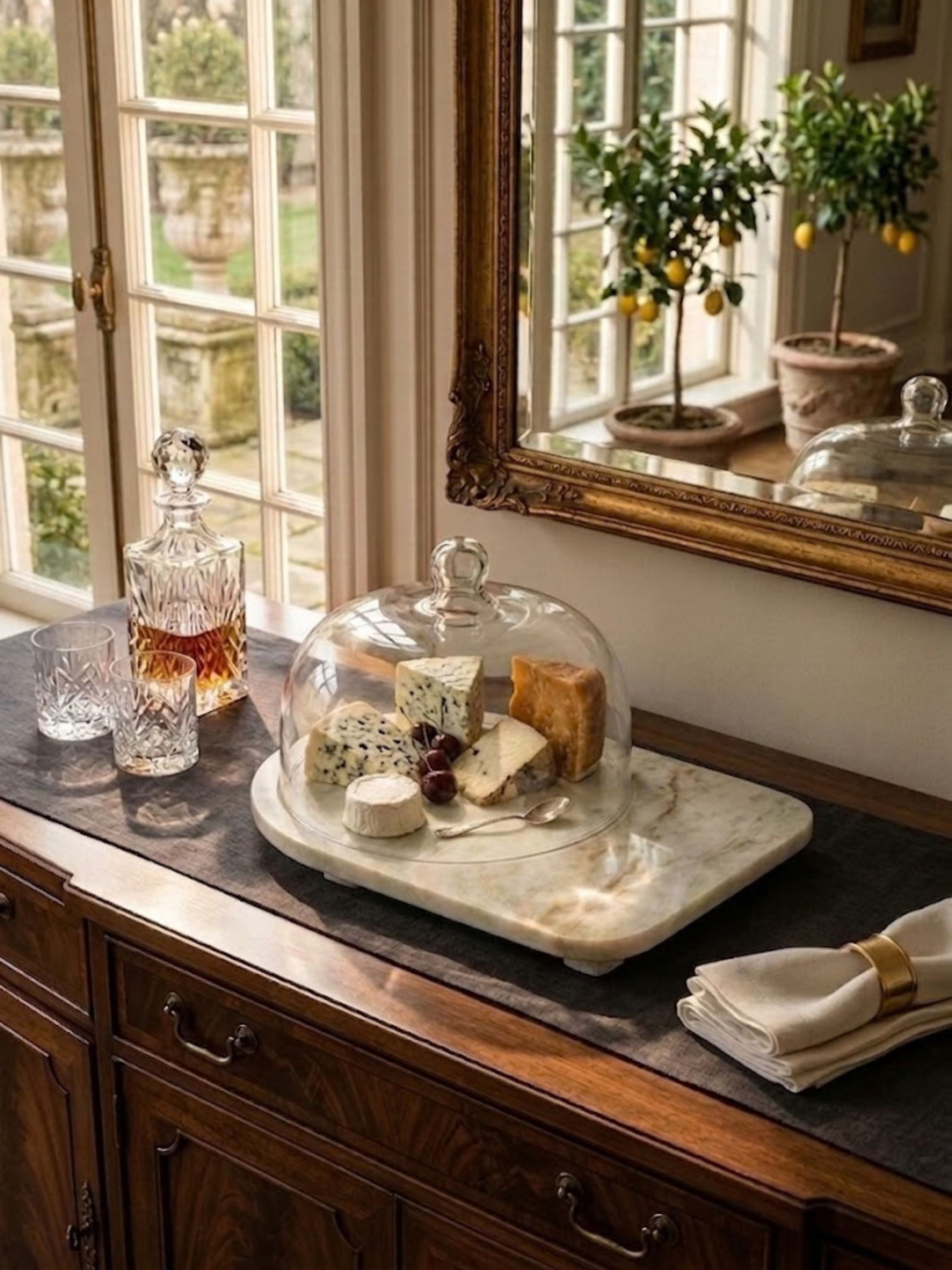 Moonlight onyx cloche board styled as an entertaining piece, combining natural stone character with glass-covered food presentation.
