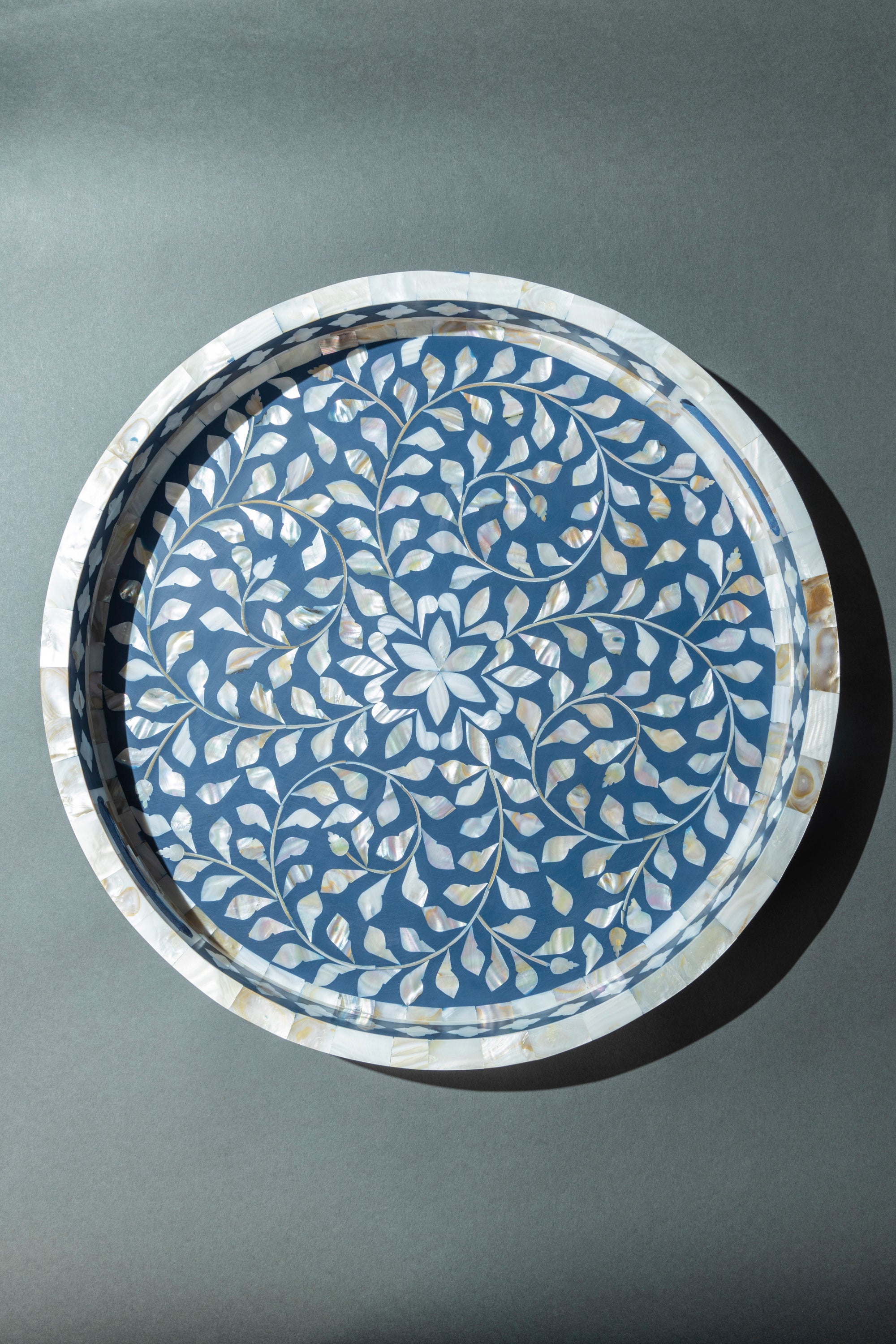 Handcrafted Blue Round Mother of Pearl Inlay Decorative Tray
