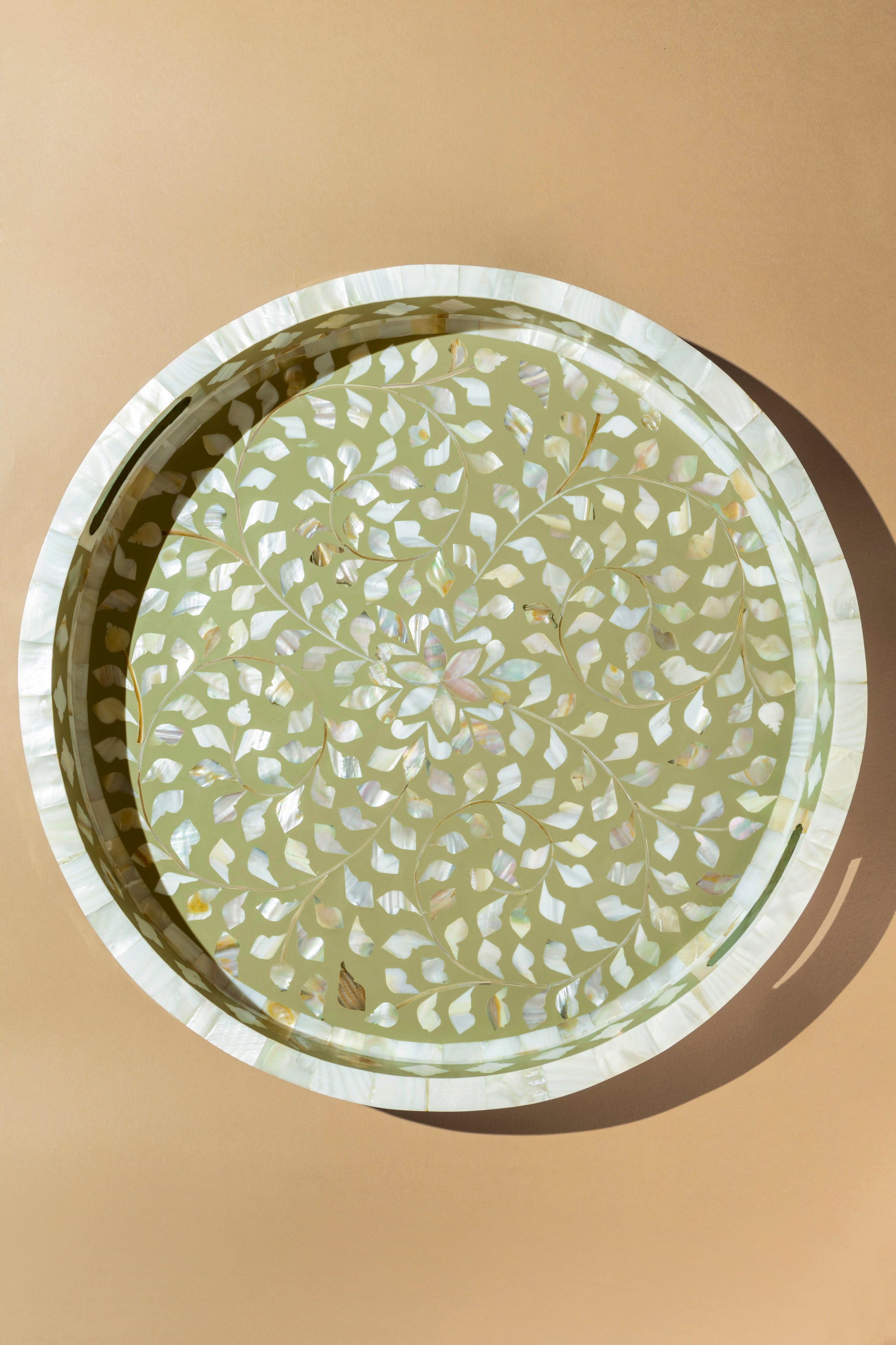 Handcrafted Round Decorative Tray with Mother of Pearl Inlay in Soft Green
