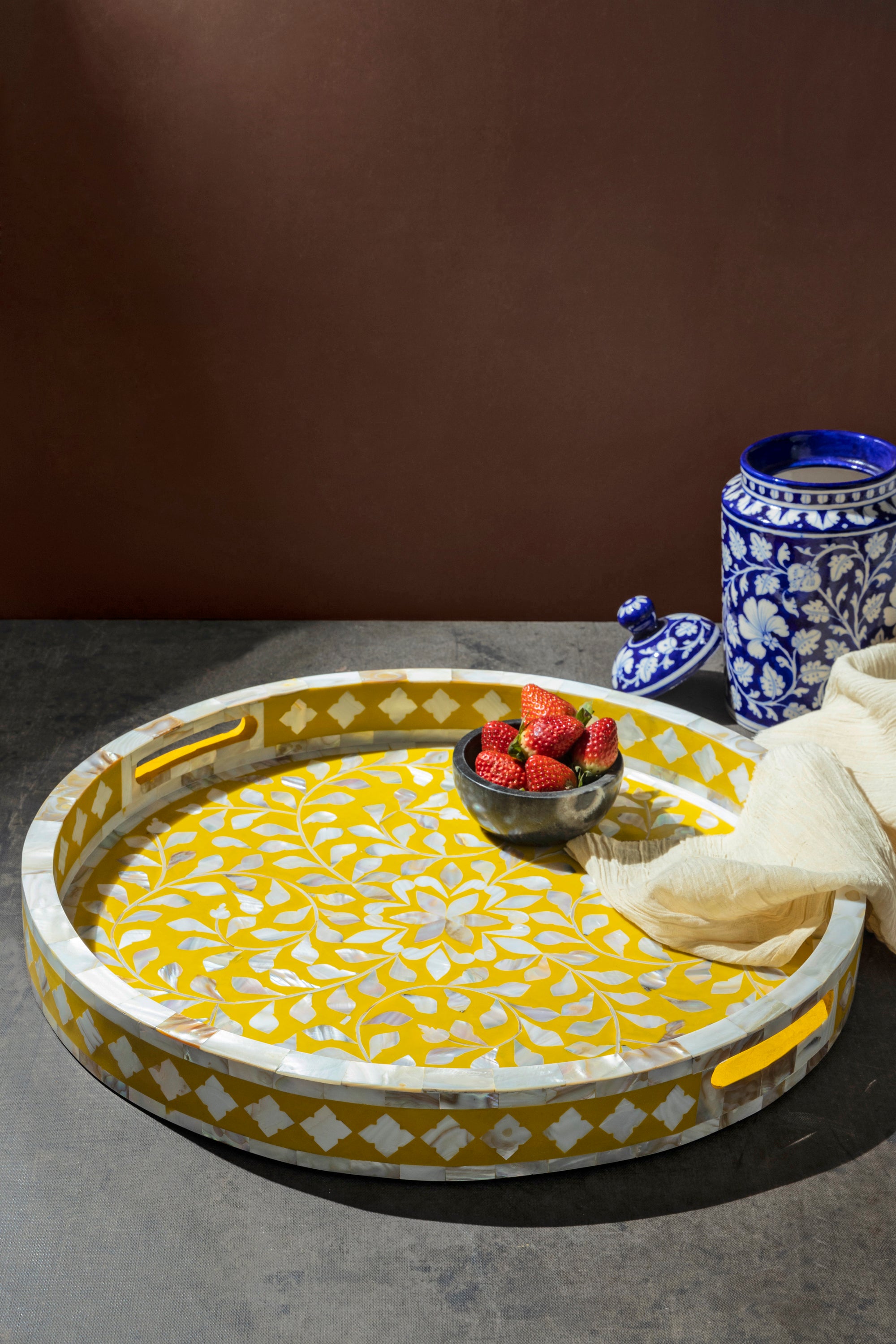 Elegant Yellow Serving Tray with Intricate Floral Inlay Design
