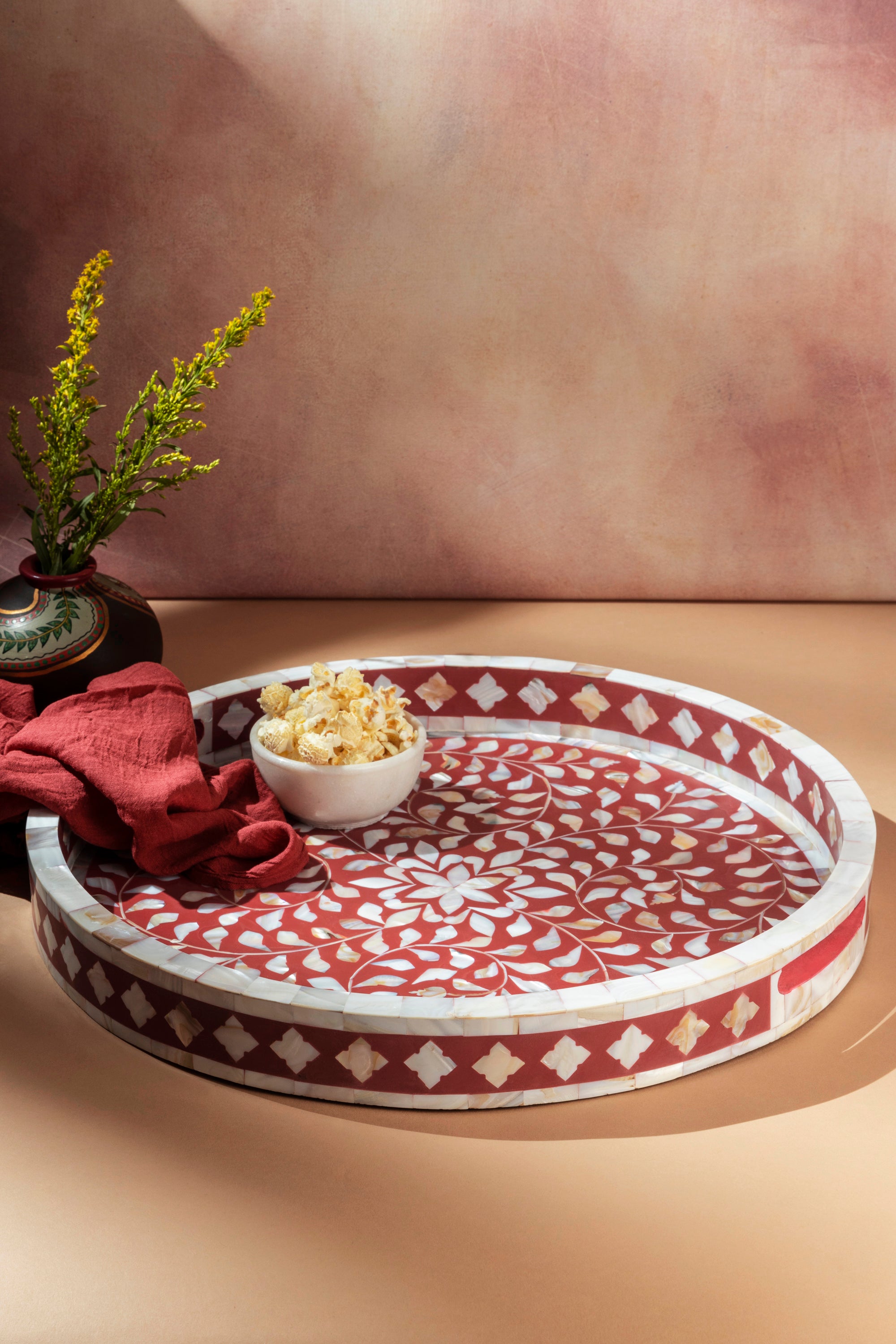 Elegant Red Floral Inlay Serving Tray – Perfect for Home Decor & Gifting
