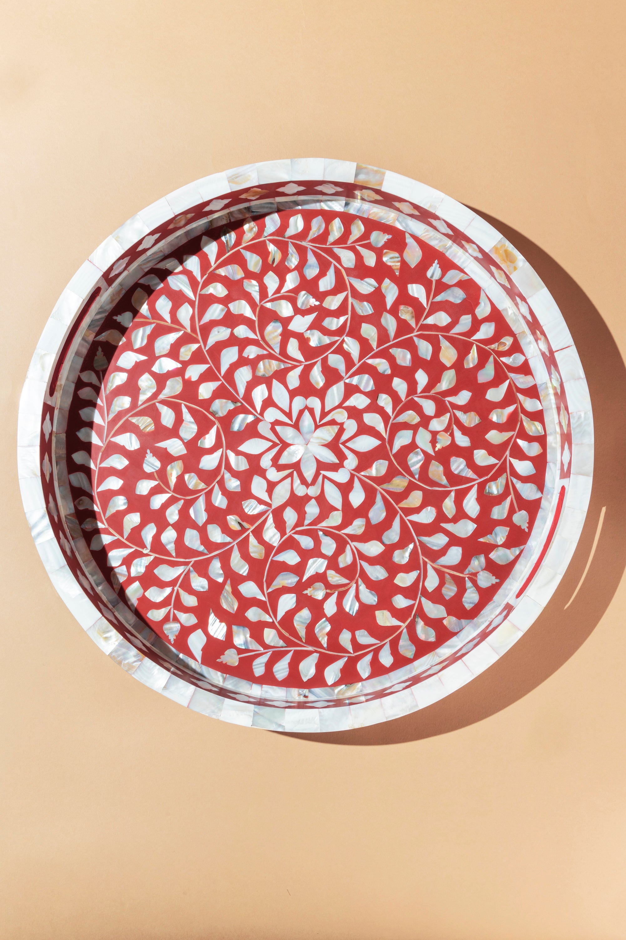 Handcrafted Red Round Decorative Tray with Mother of Pearl Inlay
