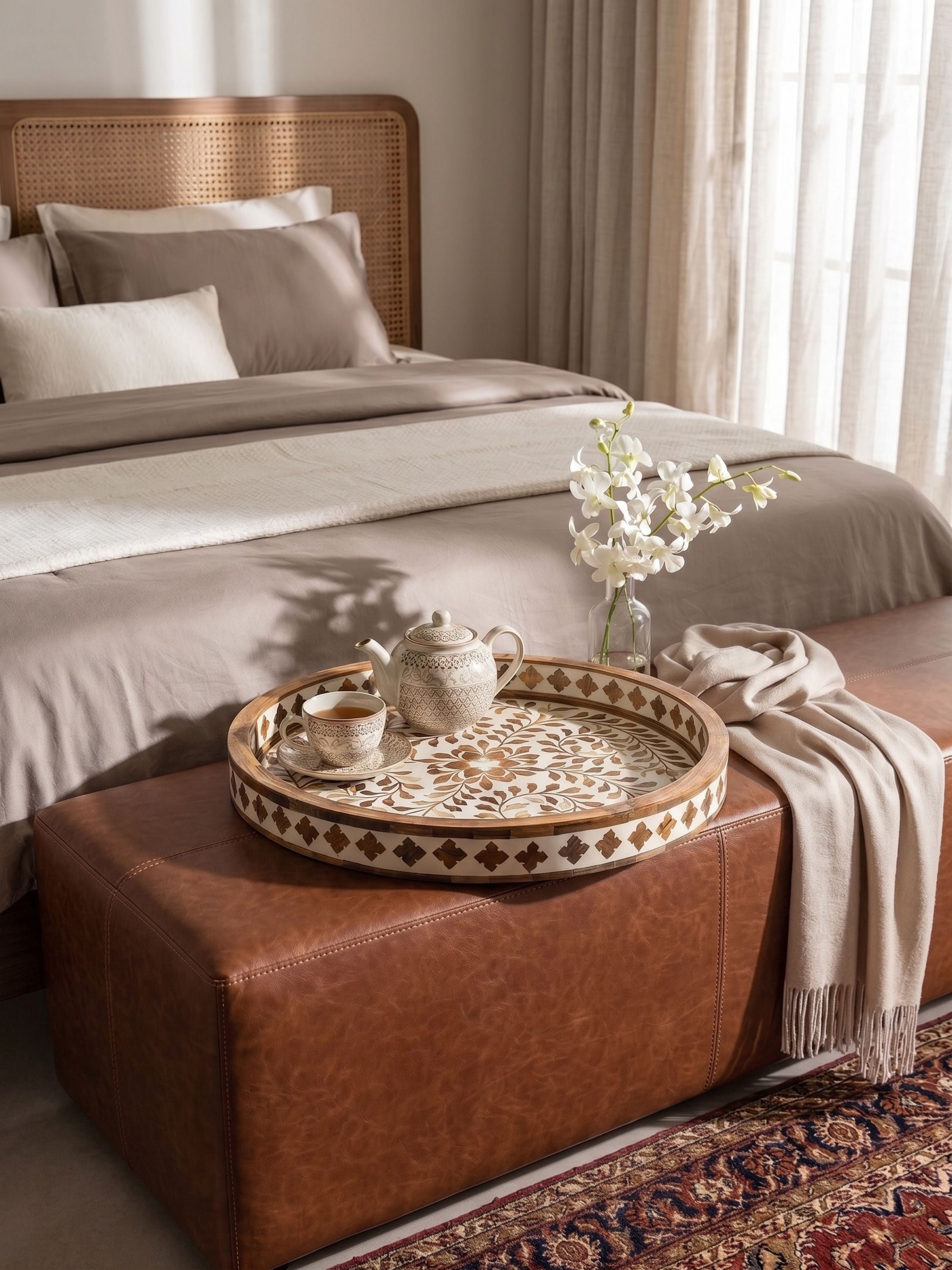 Wood inlay round tray styled on a leather ottoman with tea set in a calm bedroom setting