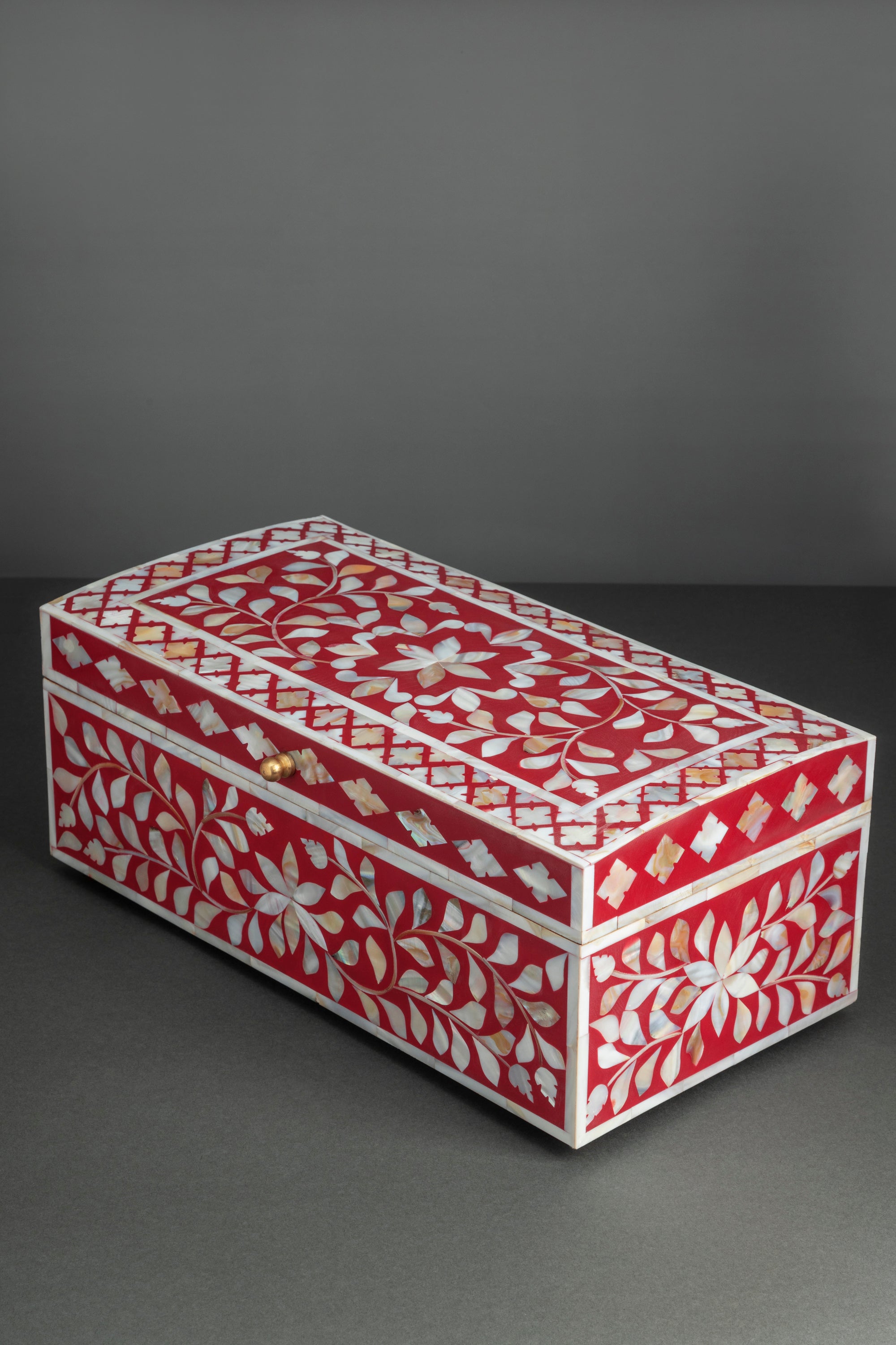 Handcrafted Red Bone Inlay Decorative Box with Floral Design
