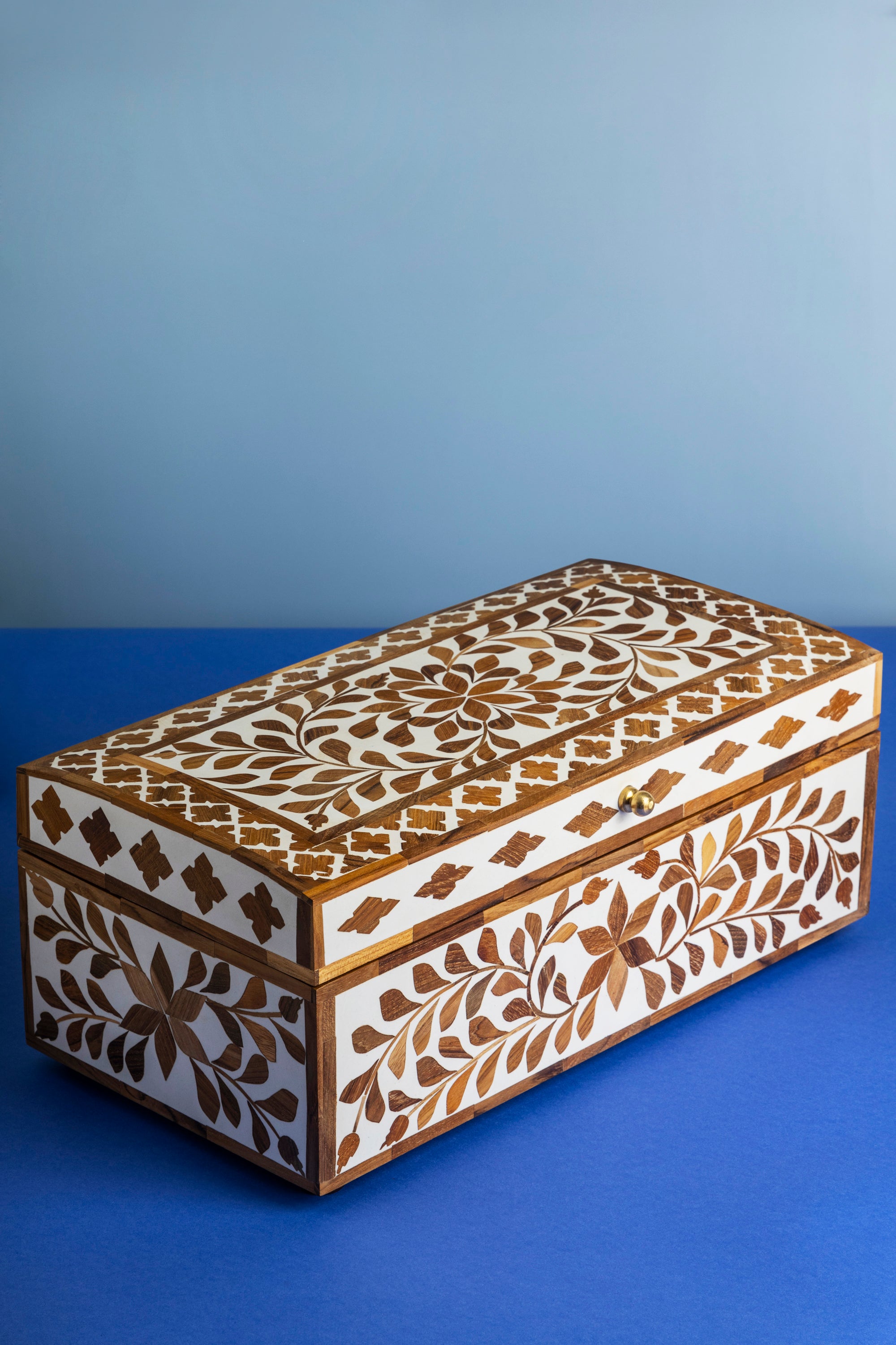 Handcrafted Wooden Bone Inlay Decorative Box with Floral Design
