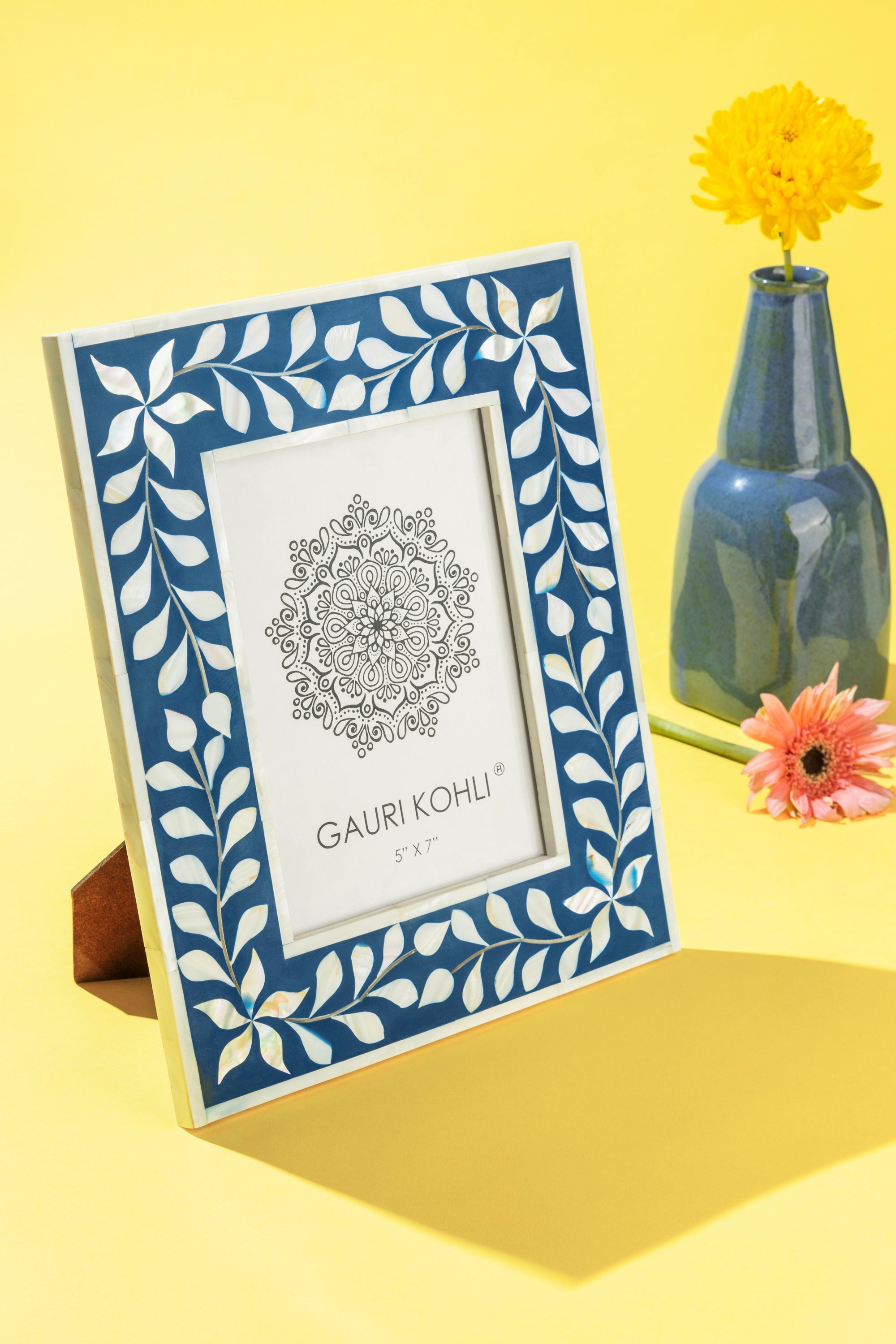 Handcrafted Blue Floral Inlay Photo Frame – Luxurious Wall Hanging or Tabletop Display
