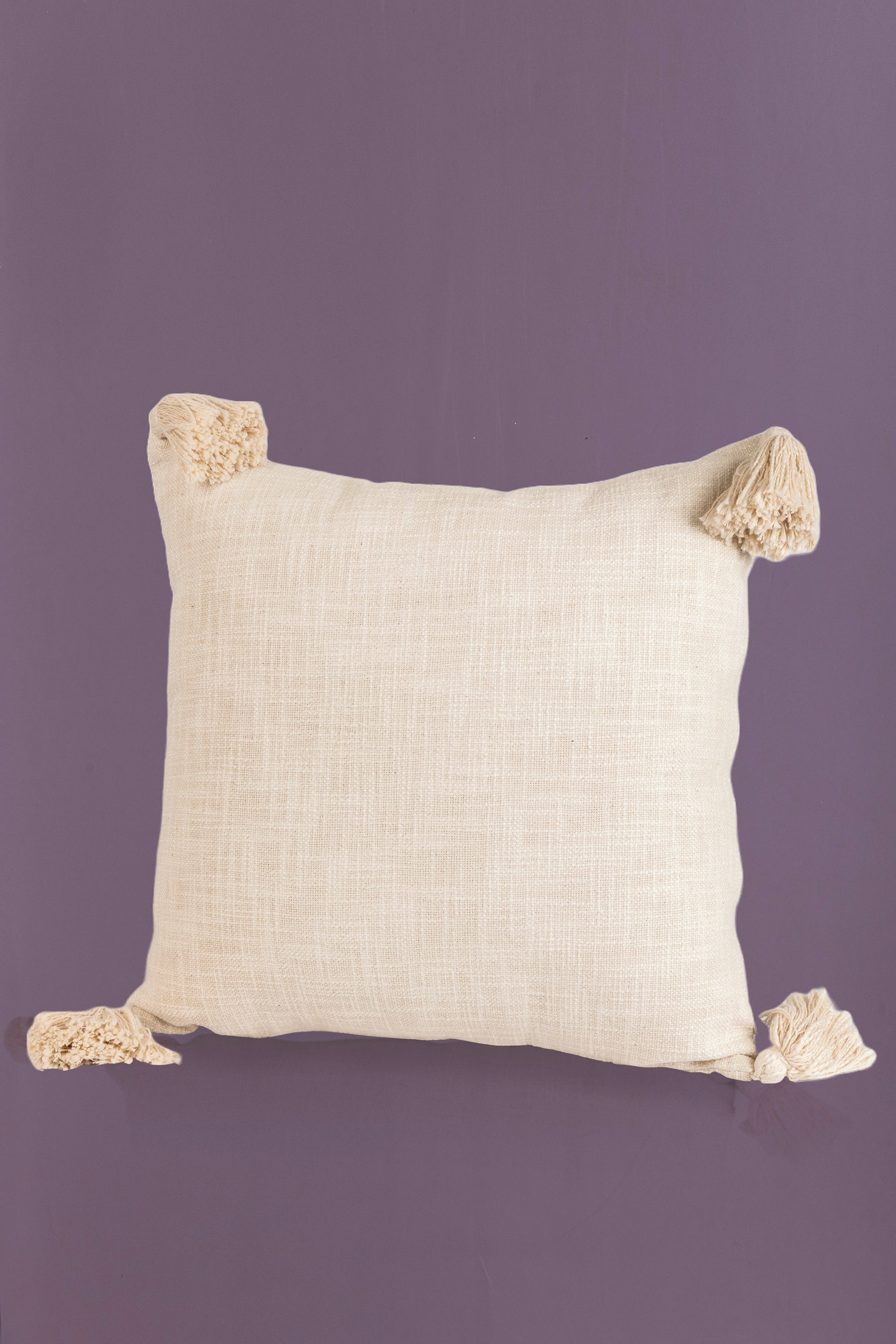 Minimalist ivory throw pillow with tassel details, adding warmth and texture to any space